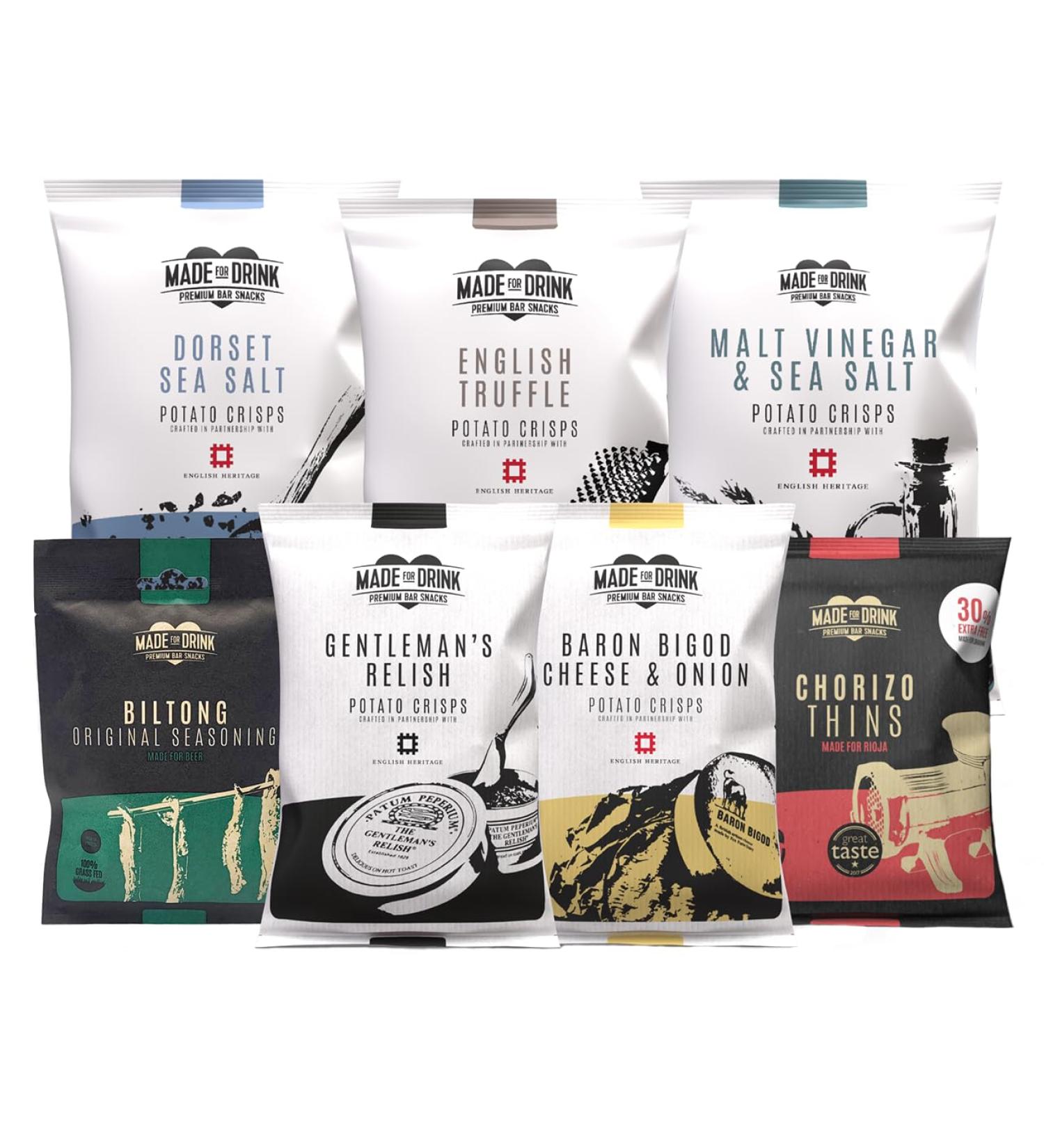 Ultimate Snacks Gift Set - Biltong, Chorizo Thins, Baron Bigod Cheese & Onion, Gentleman's Relish, Malt Vinegar & Sea Salt, Dorset Sea Salt, English Truffle Crisps | 7 Flavours - Buy Online on GoSupps.com