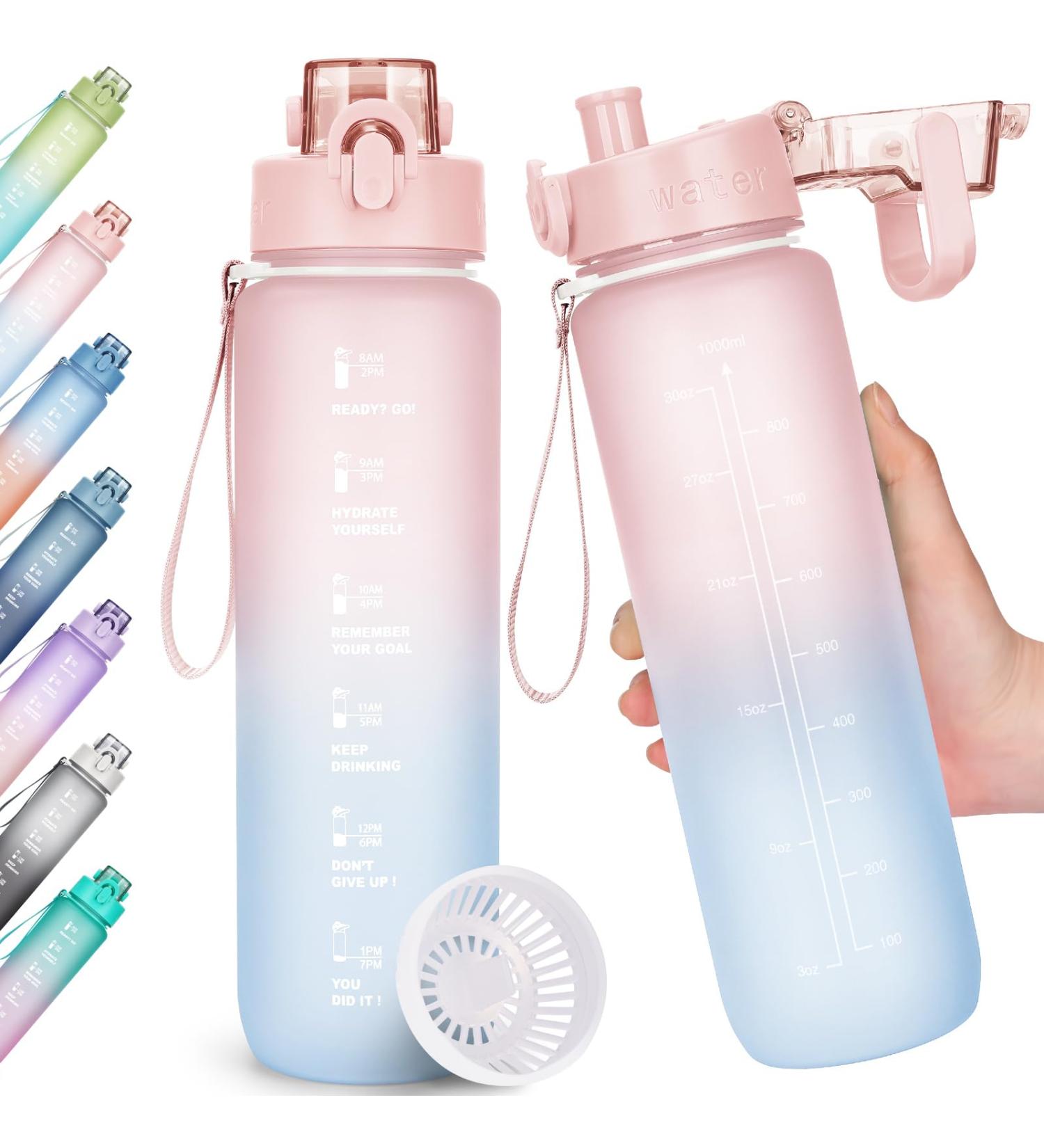 Aohan 1L BPA-Free Sports Water Bottle - Time Marked for Fitness Office & Outdoor Use - Stylish Pink Blue Gradient - Buy Online on GoSupps.com