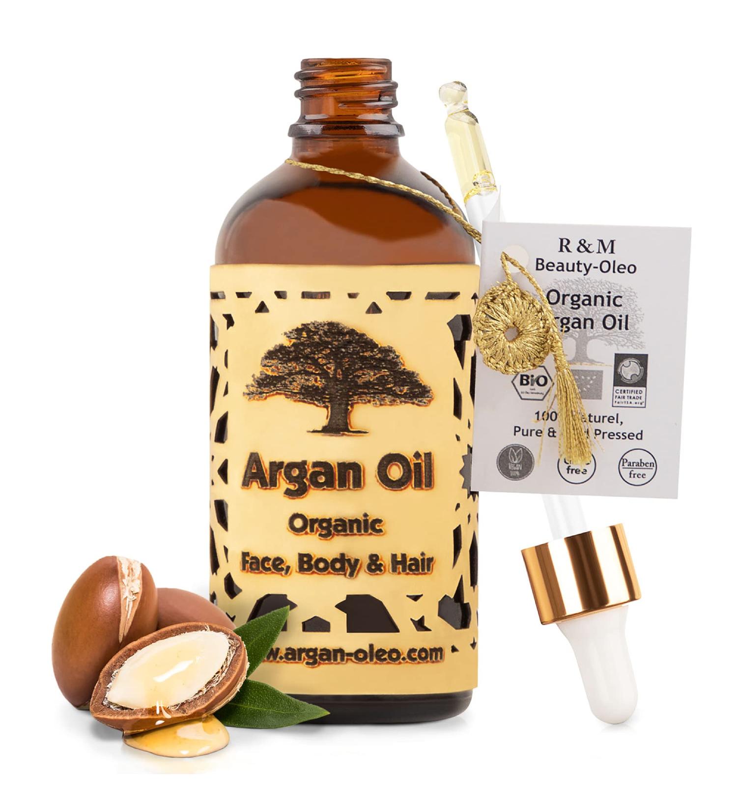  R&M Beauty-Oleo R&M Organic Cold Pressed Argan Oil - Fair Trade Moroccan Oil for Hair Face Nails & Lips Scars & Pimples & Massage Oil - Bottle - Buy Online on GoSupps.com