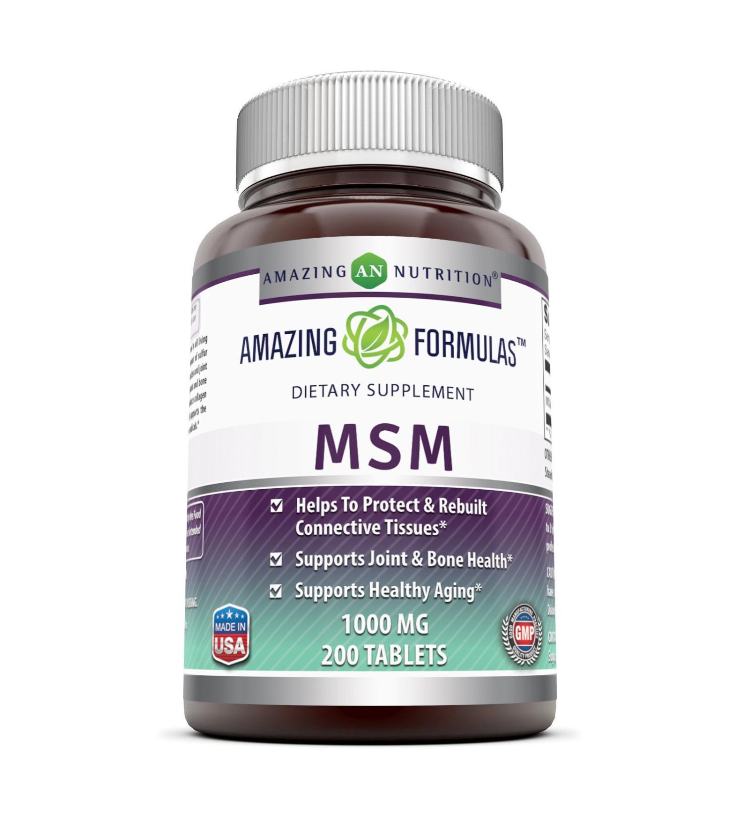 Amazing Formulas MSM 1000mg 200 Tablets - Joint Health, Detox, Hair, Skin, Nails, Energy - Non-GMO, Gluten-Free - Buy Online on GoSupps.com