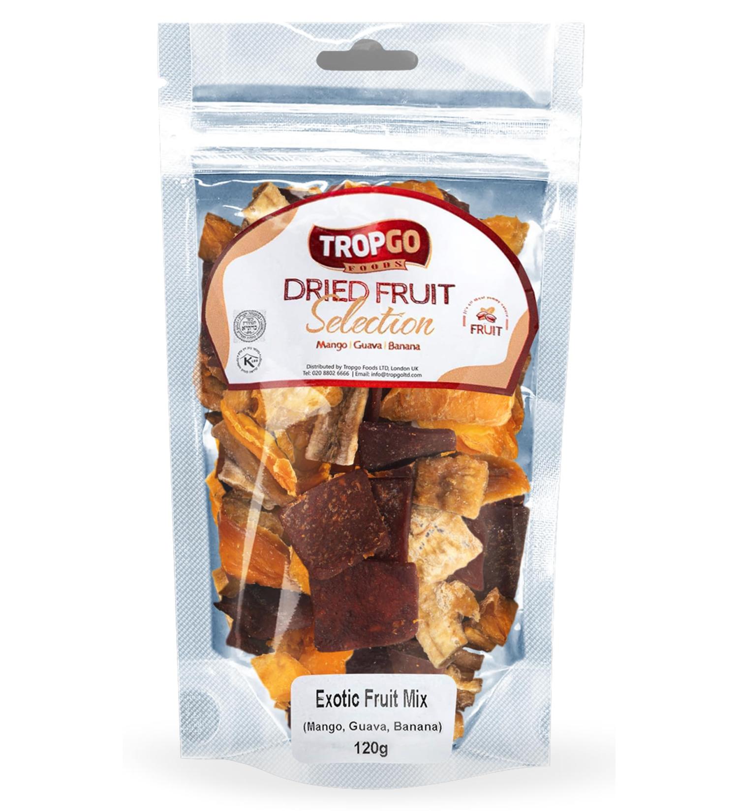 Tropgo Dried Fruit Selection 120g - Exotic Fruit Mix - Mixed Dried Fruit in Pouch - Healthy Snacks for Adults and Kids - Mango Guava Banana - Buy Online on GoSupps.com