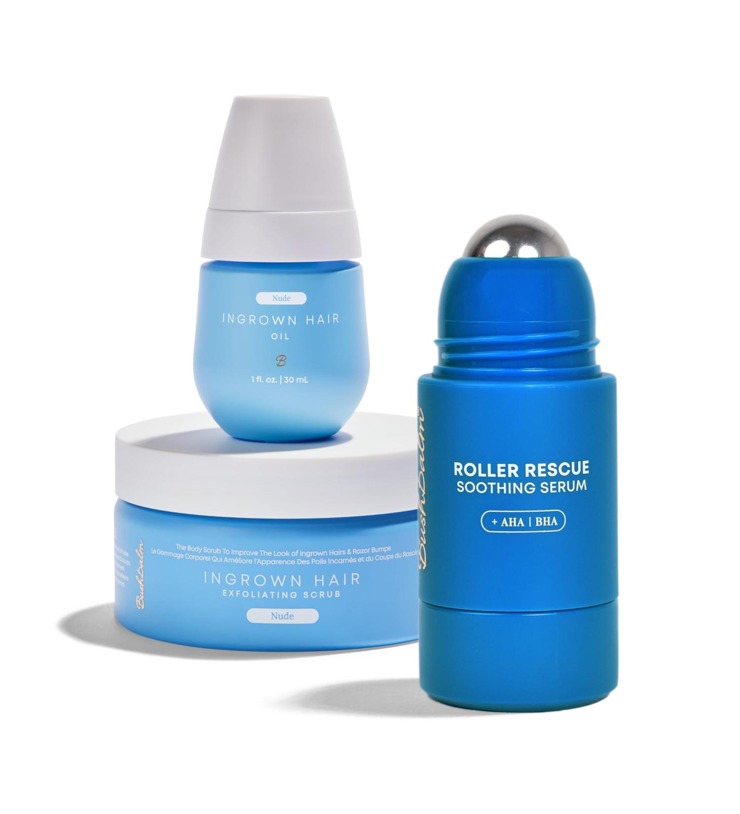 Bushbalm Ingrown Hair Routine - Roller Rescue Nude Oil and Nude Scrub Bundle - AHA & BHA - Exfoliating Soothing Cooling for Intimate Areas Underarms - Helps With Razor Bumps Ultimate(Trio Bundle) Roller-Nude Trio - Buy Online on GoSupps.com