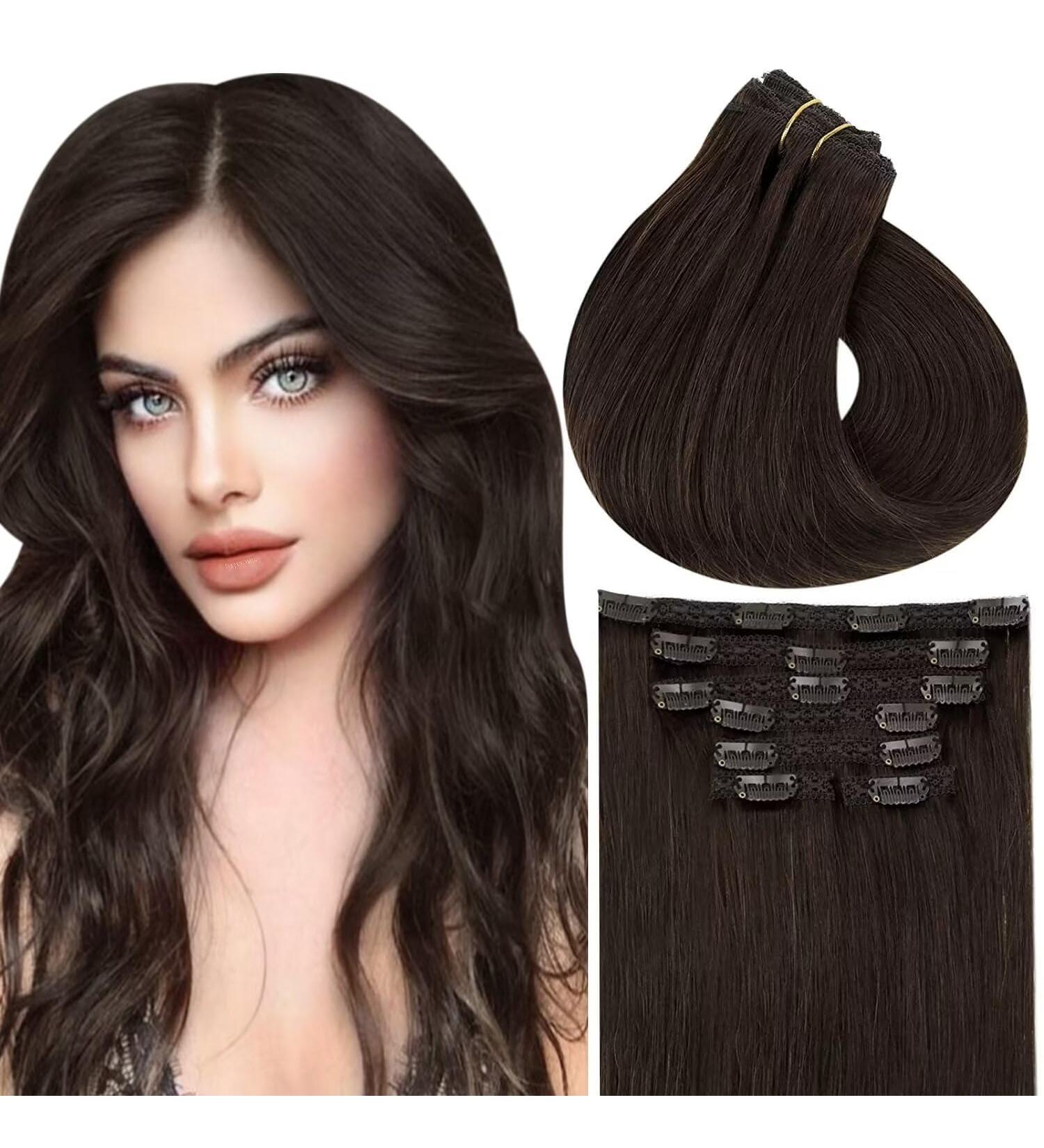 Vivien Clip-In Real Hair Extensions - Darkest Brown #2 50cm 120g - Remy Quality 7 Pieces 20 Inch - Buy Online on GoSupps.com