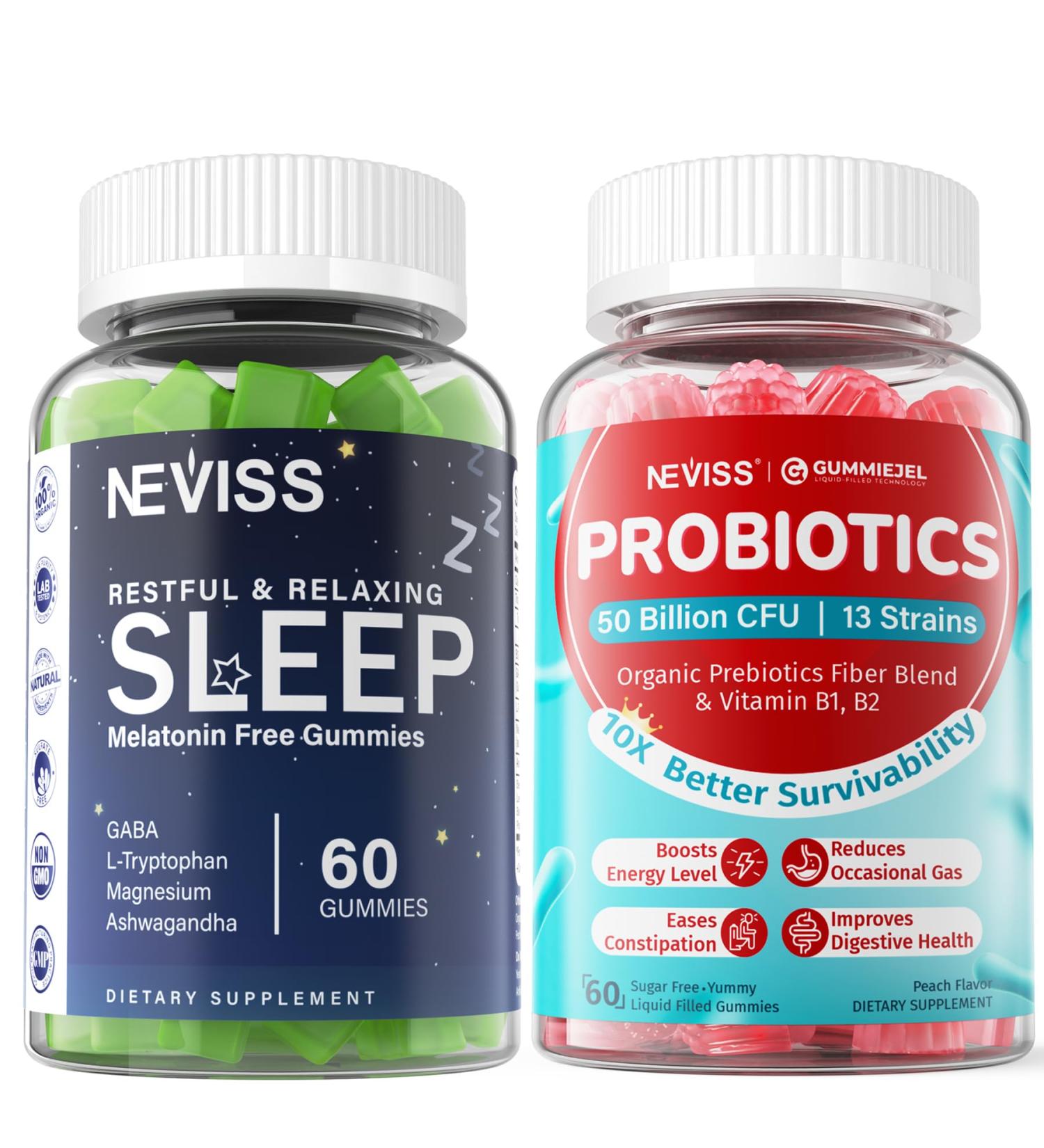 NEVISS Melatonin Free Sleep Aid Gummies & Sugar Free Probiotics Gummies - Buy Online on GoSupps.com
