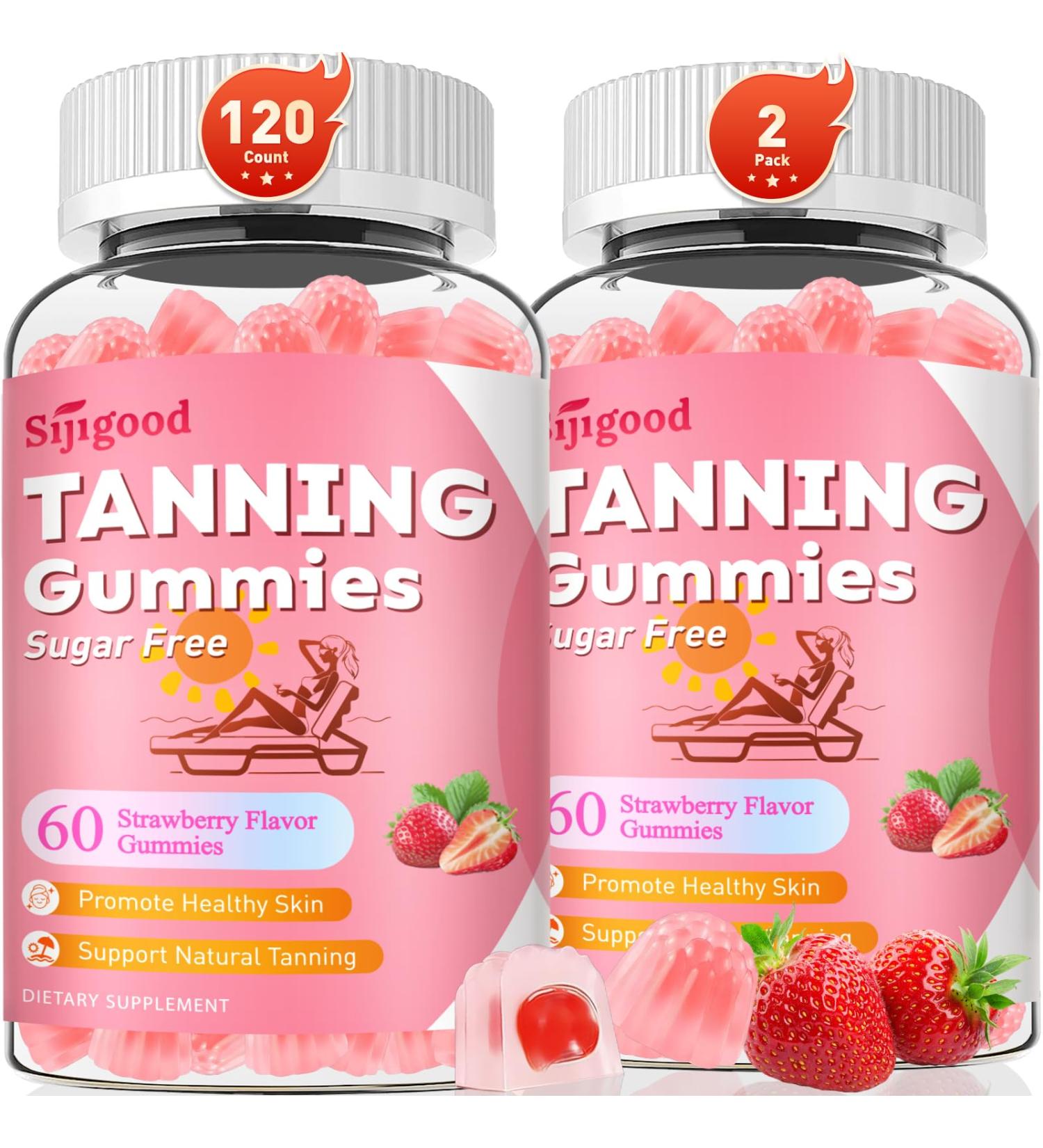 2 Pack Tanning Gummies - Sugar Free Daily Tanning Gummies for Woman & Men, Self Tanning Melanin Supplements with Lycopene & Astaxanthin for Skin Health, Strawberries Flavor, 120 Count 60 Count (Pack of 2) - Buy Online on GoSupps.com