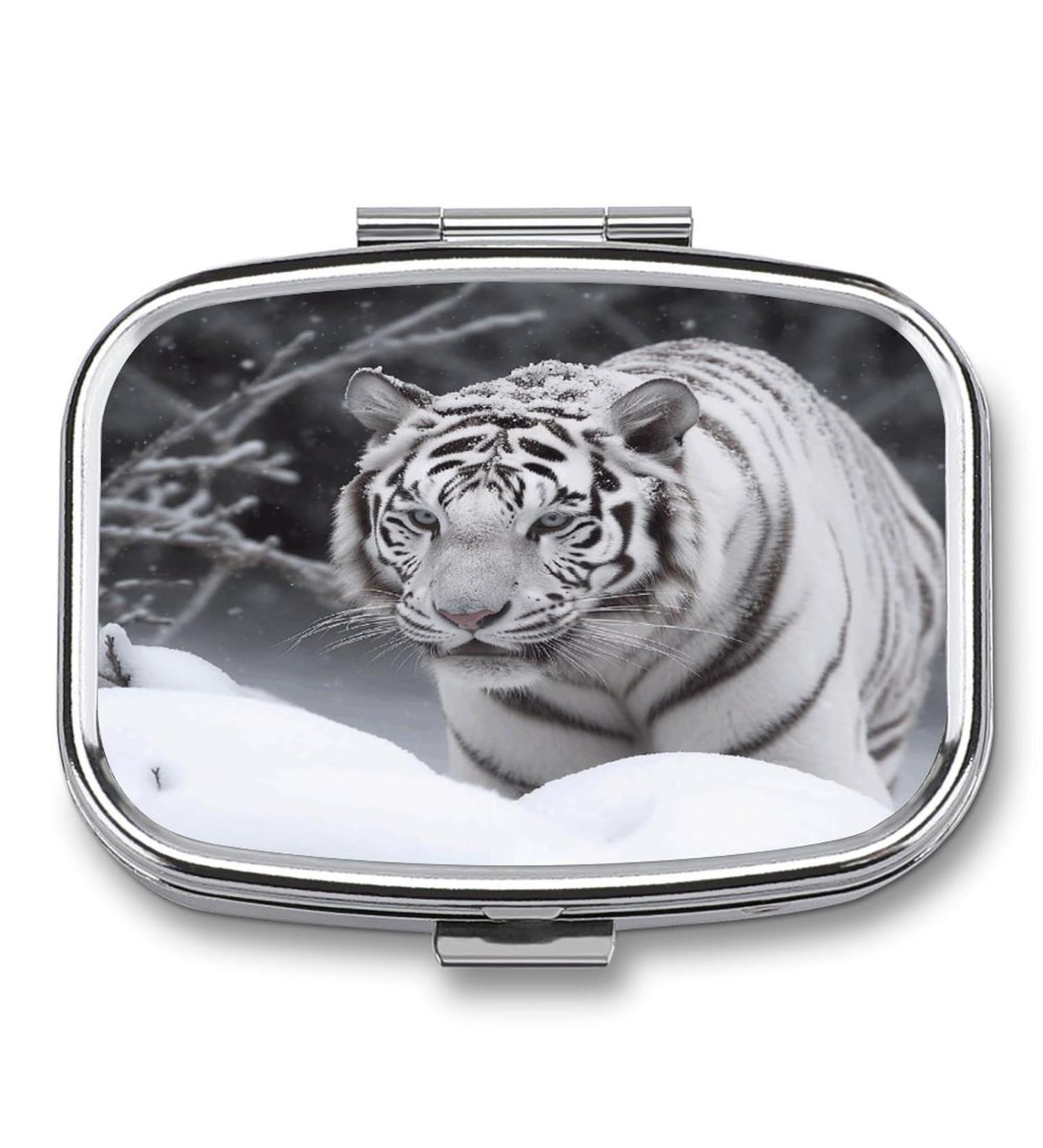 White Tiger in Snow Print Pill Box | 2 Compartment Portable Medicine Organizer | Decorative Metal Pill Case for Travel - Buy Online on GoSupps.com
