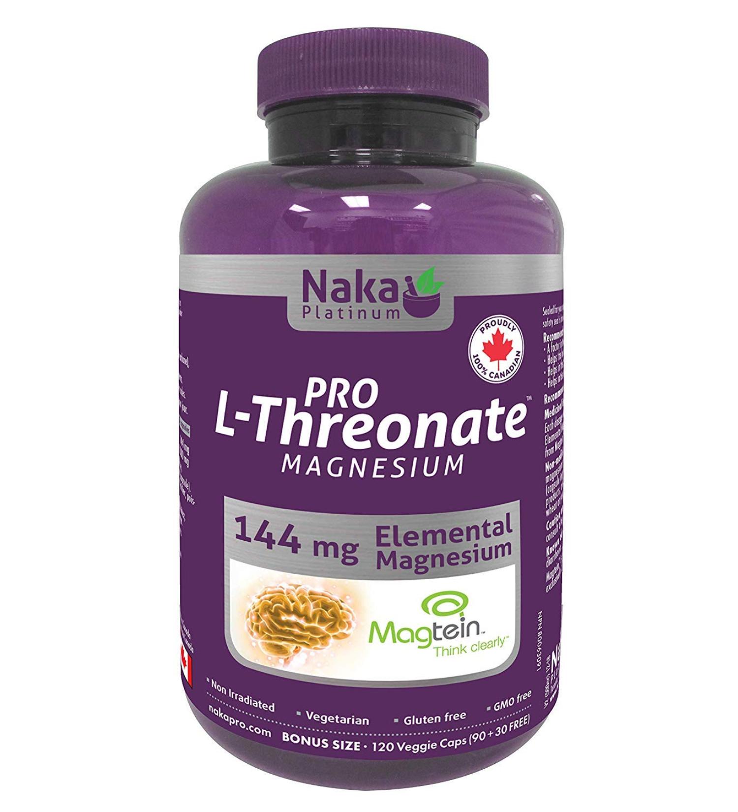 Naka Platinum PRO Magnesium L-Threonate Magtein 2 000 mg per serving (3capsules) 144 elemental Magnesium - BONUS Size 120 Veggie Caps (90+30 FREE) - Buy Online on GoSupps.com