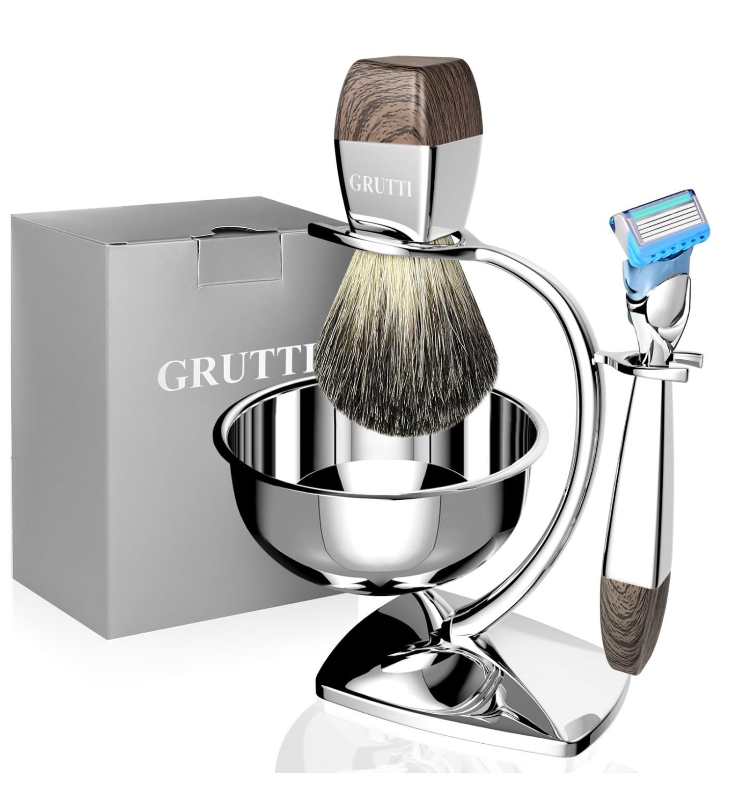 Grutti 4-in-1 Razor Set - Premium Men's Gift for Father's Day & Birthdays - Includes Shaving Bowl Brush & Imitation Wood Grain Stand - Compatible with Fusion 5 - Buy Online on GoSupps.com