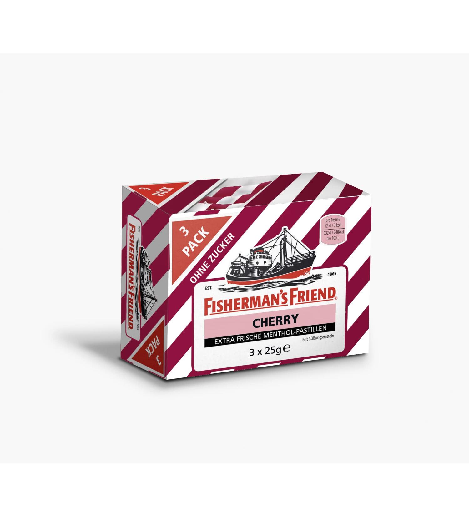 Fisherman's Friend Cherry 3-Pack | Sugar-Free & Vegan Candy for Fresh Breath - Cherry & Menthol Flavor (3 x 25g) - Buy Online on GoSupps.com