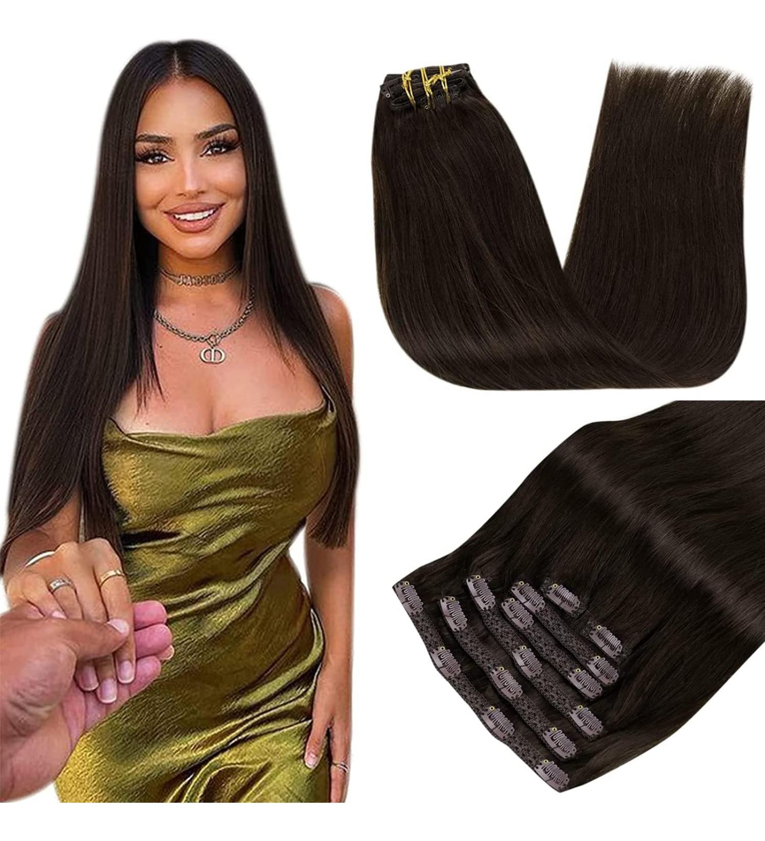 Runature Clip In Hair Extensions - 100% Remy Human Hair Darkest Brown Smooth & Straight 120g 18 Inch (45cm) - 7Pcs #2 - Buy Online on GoSupps.com