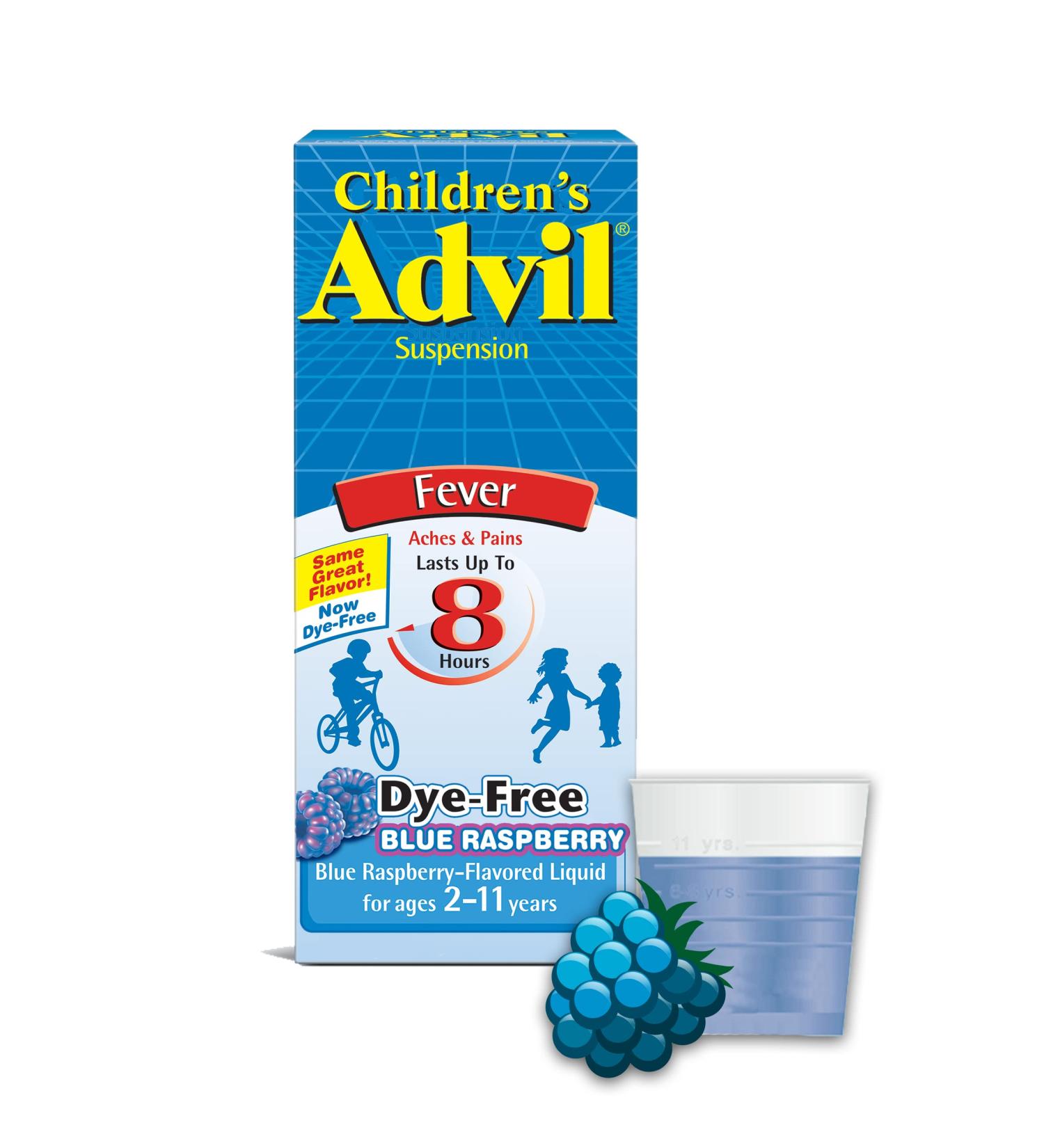 Children's Advil Suspension 4 fl. oz - Blue Raspberry-Flavored Pain & Fever Relief | 100mg Ibuprofen | Ages 2-11 - Buy Online on GoSupps.com