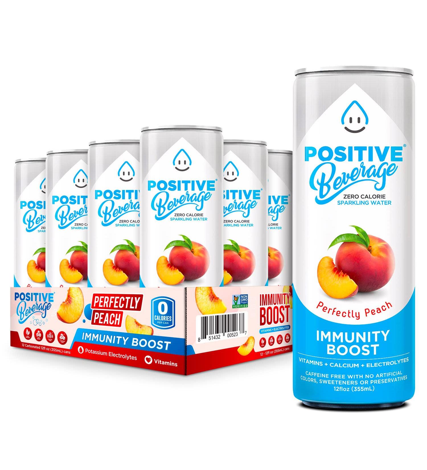 Positive Beverage IMMUNITY BOOST Perfectly Peach 12-oz Can 12-Pack | Zero Calorie Electrolyte Water with Vitamins & Calcium - Buy Online on GoSupps.com