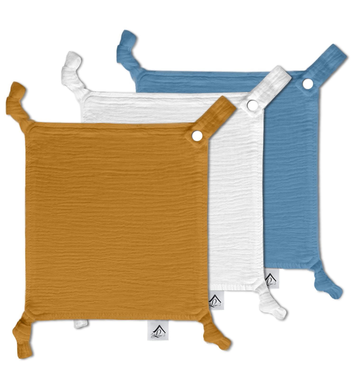 Baby Luxe 5-in-1 Mini Muslin Square Bib Toy Holder Washcloth Comforter - Set of 3 Medium Blue Tan White Cloth - Buy Online on GoSupps.com