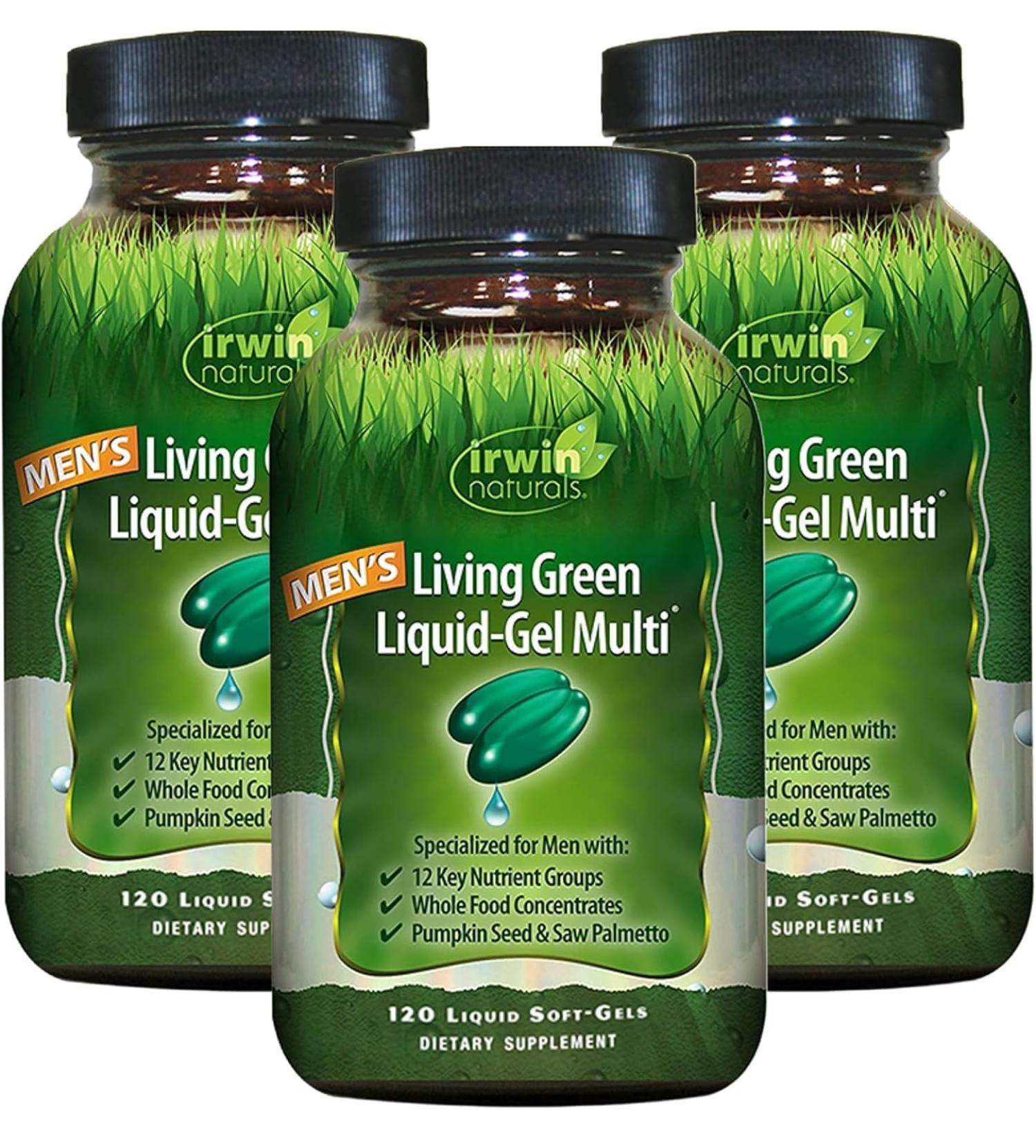 Irwin Naturals Men's Living Green Liquid-Gel Multi - 70 Essential Nutrients, Full-Spectrum Vitamins, Wholefood Blend - Targeted Adrenal & Brain Support - 120 Liquid Softgels (Pack of 3) - Buy Online on GoSupps.com