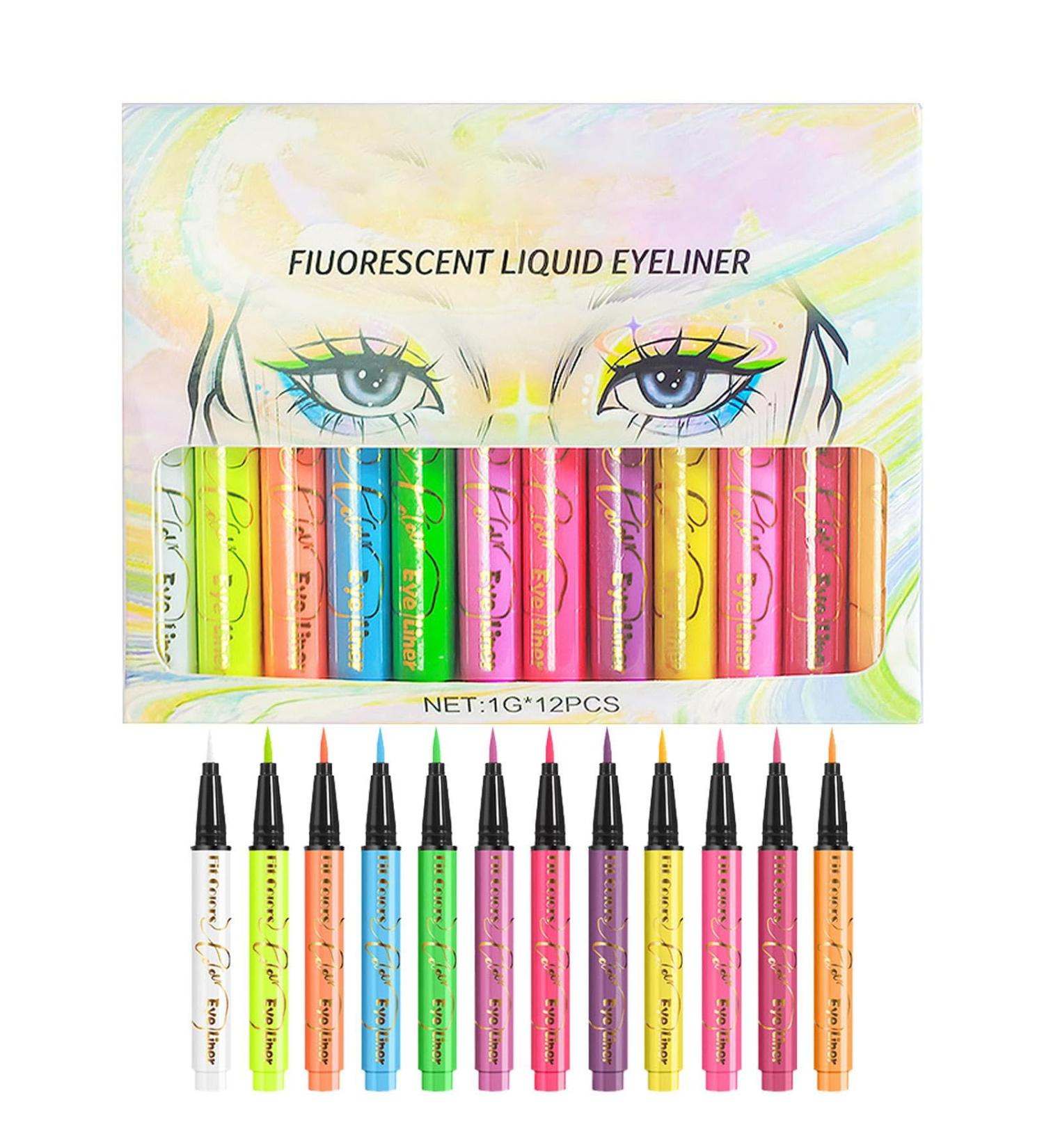 Colored Liquid Eye Liner - Waterproof Fluorescent Eye Liner Face Glitter - 12 Colors UV Neon Liquid Eye Liner Set Festival Accessories Makeup Kit Pigmented Graphic Liners for Eye Makeup - Buy Online on GoSupps.com