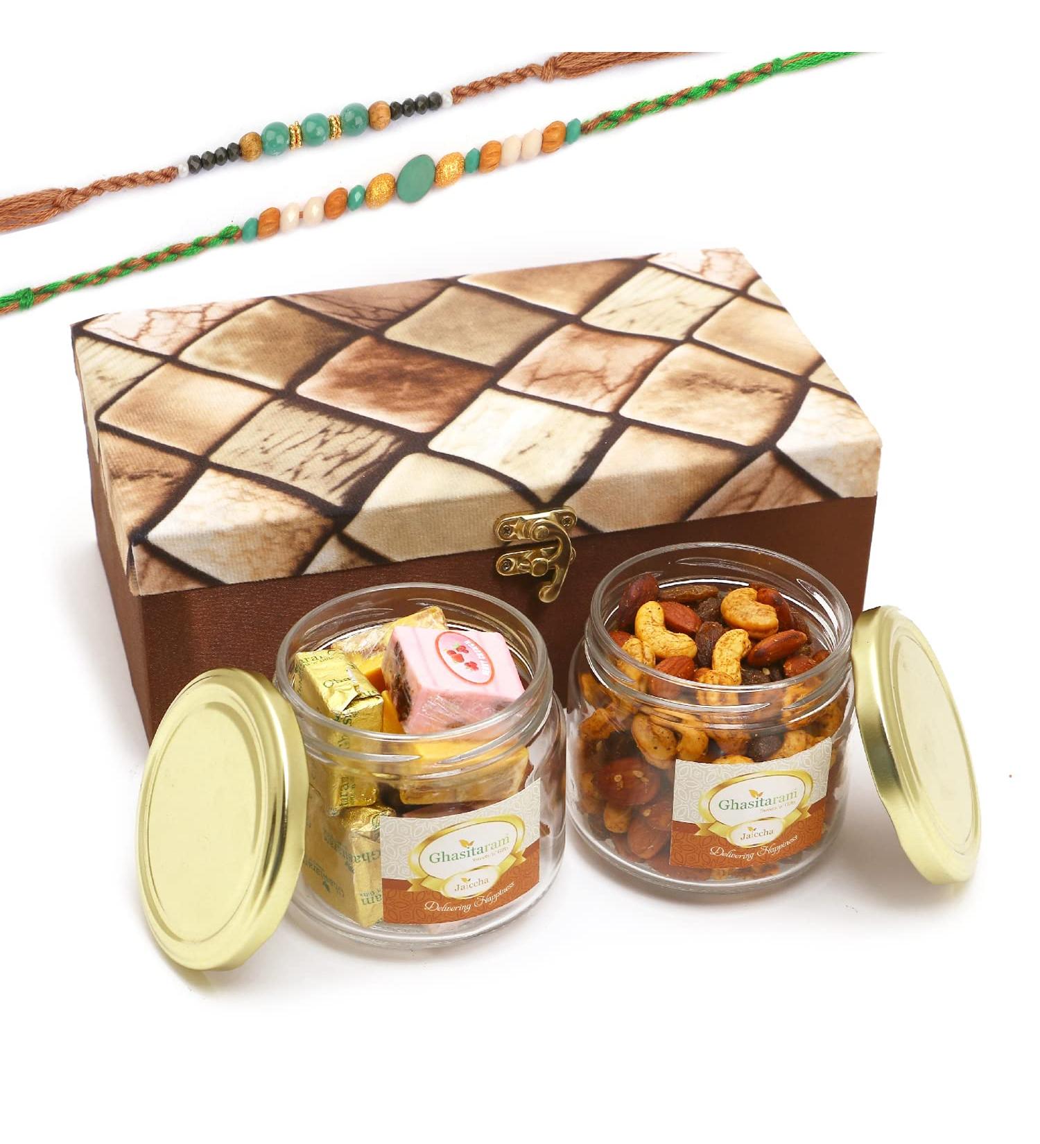 Ghasitaram Gifts Rakhi Gifts for Brothers Miracle Box of 2 Jars of Assorted Bites and Mix Dryfruits with 2 Green Beads Rakhis Box of 2 Jars of Assorted Bites Mix DF 2 Rakhis - Buy Online on GoSupps.com