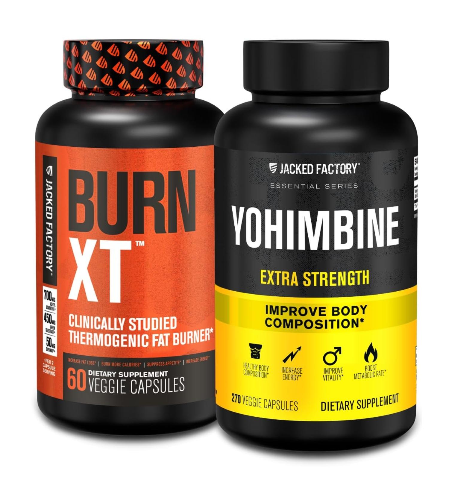 Jacked Factory Fat Burner with Yohimbine - Thermogenic Supplements for Men & Women - Burn-XT Thermogenic Fat Burner & Yohimbine Extra Strength Supplement 2.5mg 270 Capsules - Buy Online on GoSupps.com