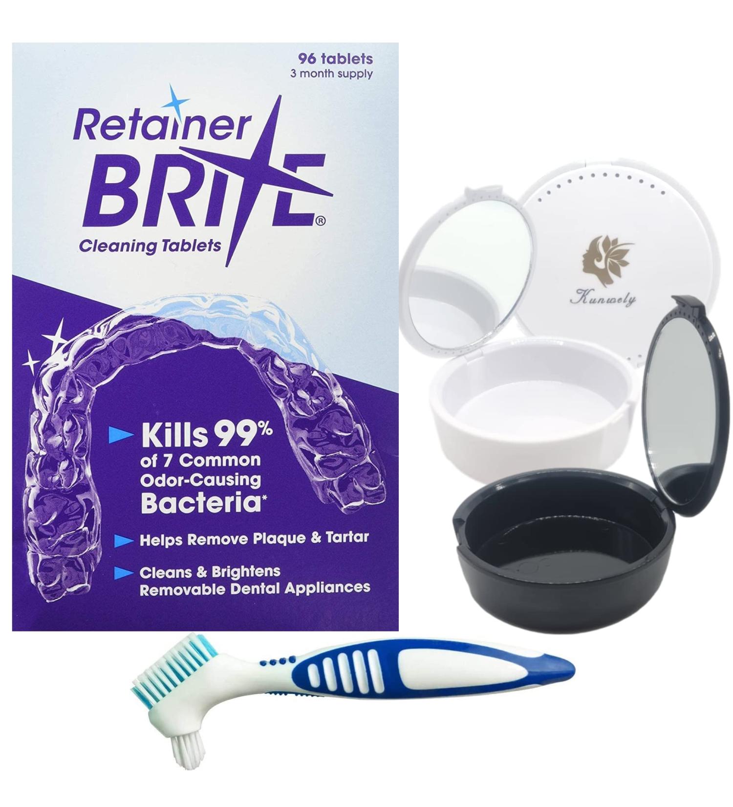Retainer Brite 96 Tablets (3 Months Supply) + Denture Brush + Retainer Case With Mirror - Retainer Cleaner Tablets for Plaque Tartar Invisalign Mouth Guard Dentures & Orthodontic Appliances - Buy Online on GoSupps.com