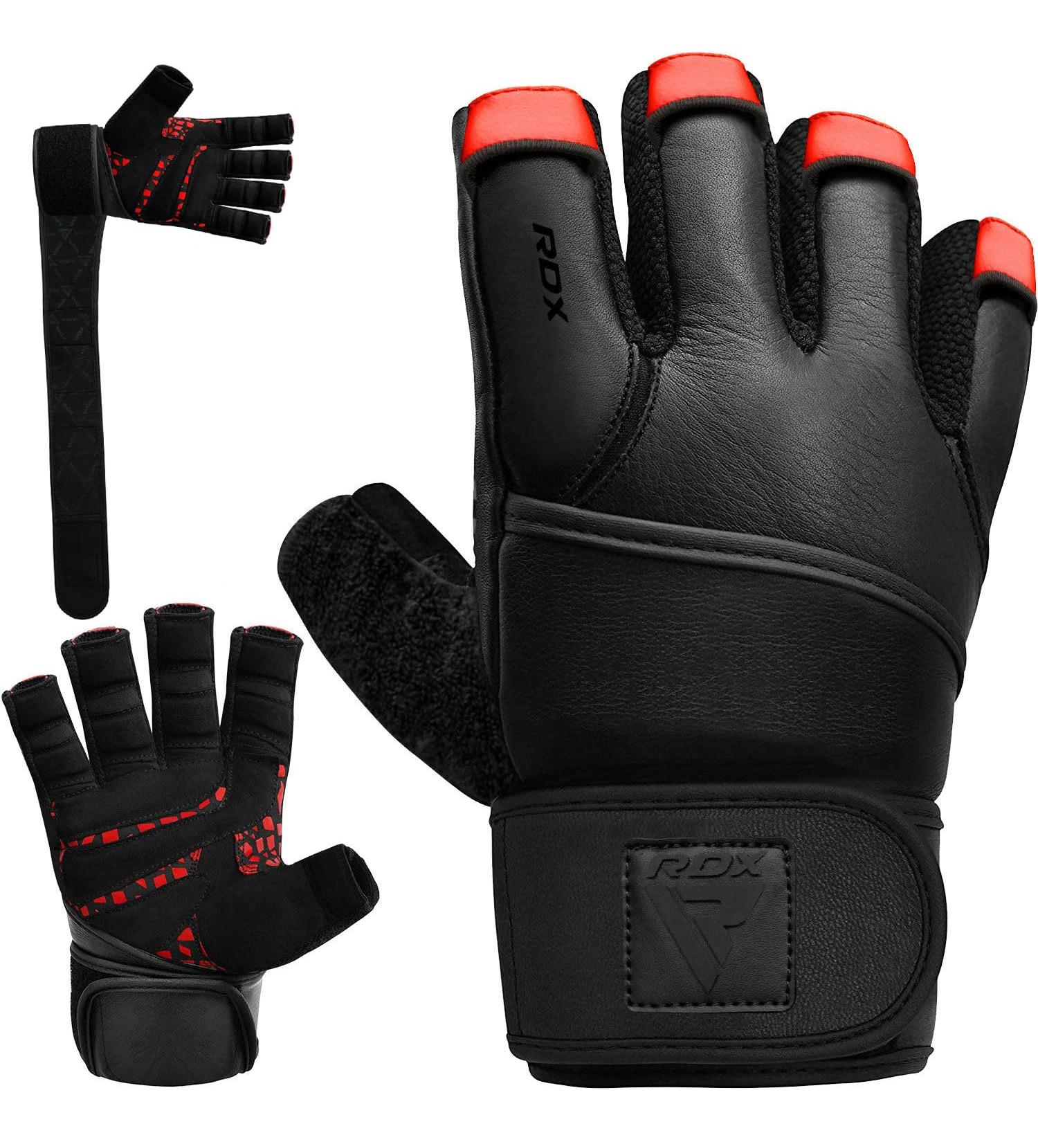 RDX Fitness Gloves - Maya Hide Leather 50cm Wrist Protection for Weight Lifting & Bodybuilding - Padded Handle Training Gloves (Red) - Buy Online on GoSupps.com