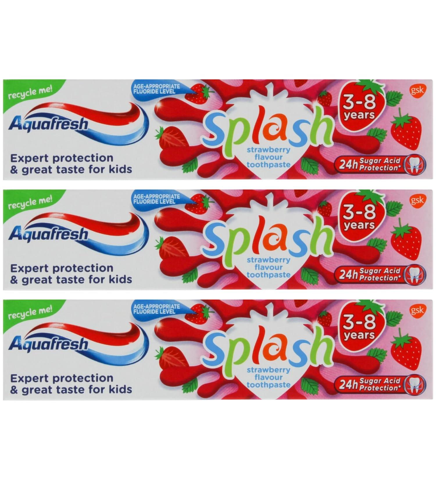 3 x Aquafresh Splash Toothpaste 3-8 Strawberry 50ml Each Aquafresh Kids Toothpaste Aquafresh Strawberry Toothpaste 3-8 - Buy Online on GoSupps.com