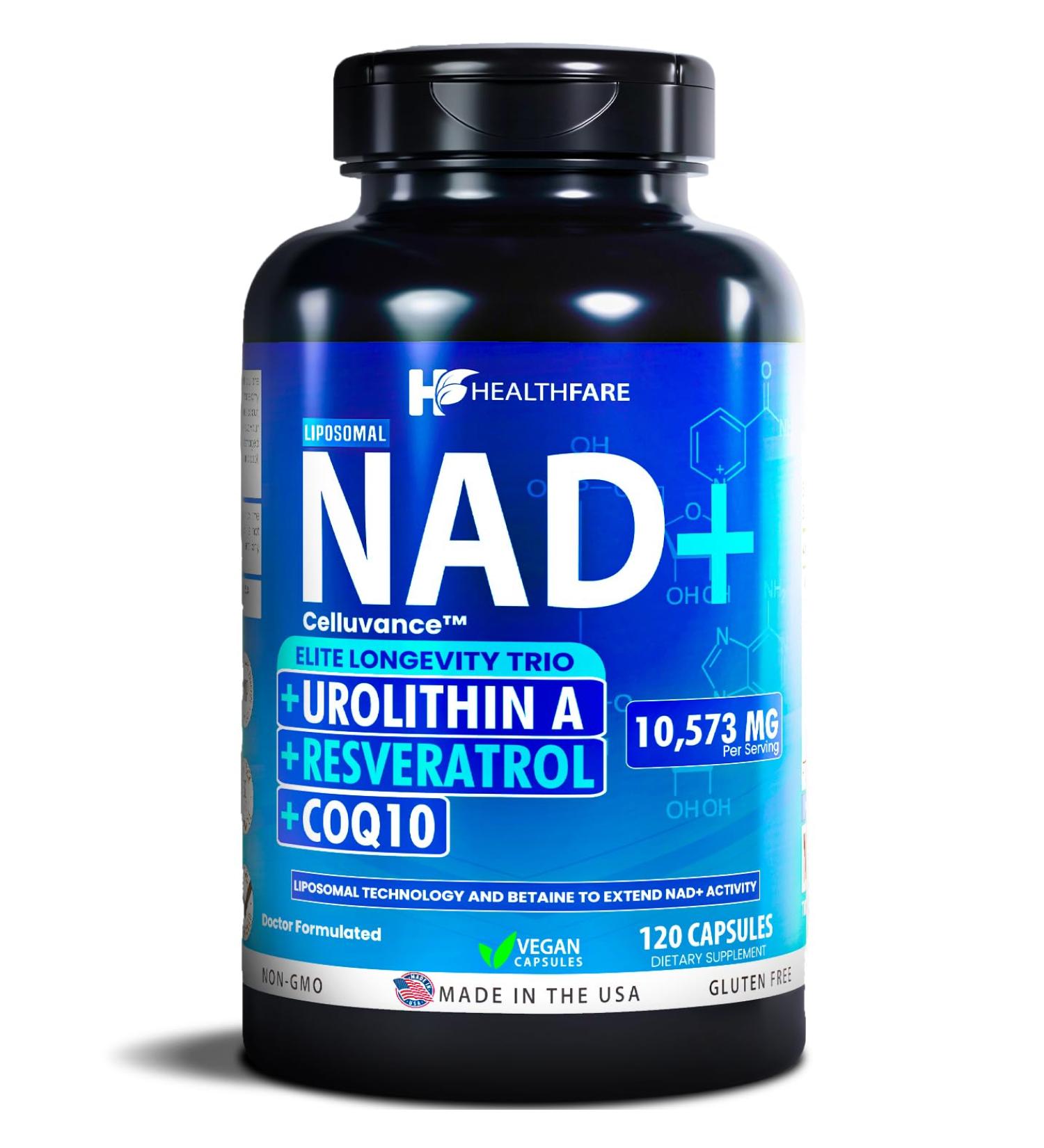 Healthfare 10 573mg NAD Supplement Resveratrol CoQ10-120 Capsules NMN Alternative Liposomal High Absorption Formula | Betaine for Anti-Aging Extended Effects - Cellular Energy Skin for Women & Men - Buy Online on GoSupps.com