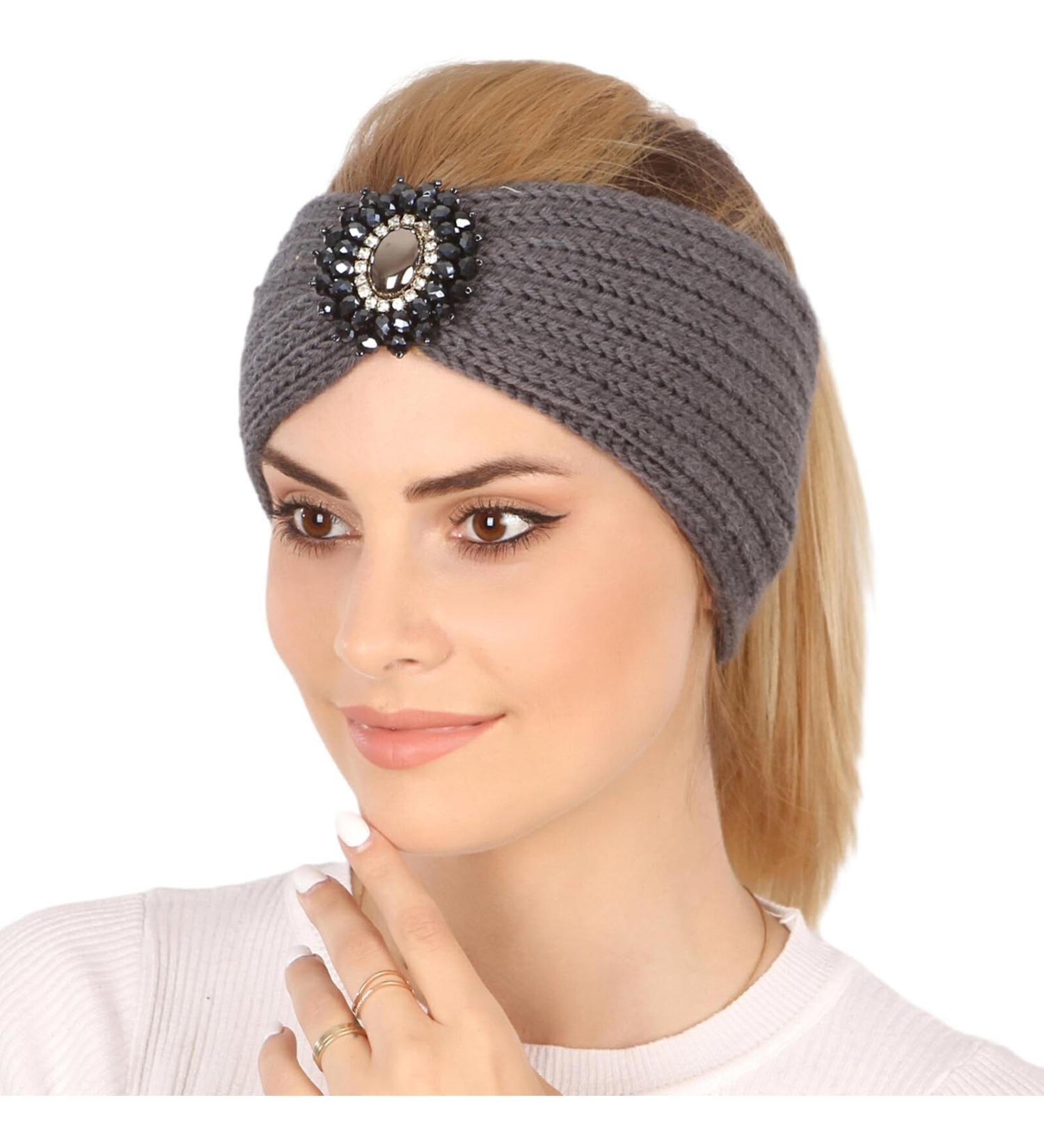 QOKLIYUI Rhinestone Knitted Headband Stylish Lightweight Durable Non-slip For Women Polyester Ear Warmer Head Warmer Breathable Dark grey - Buy Online on GoSupps.com