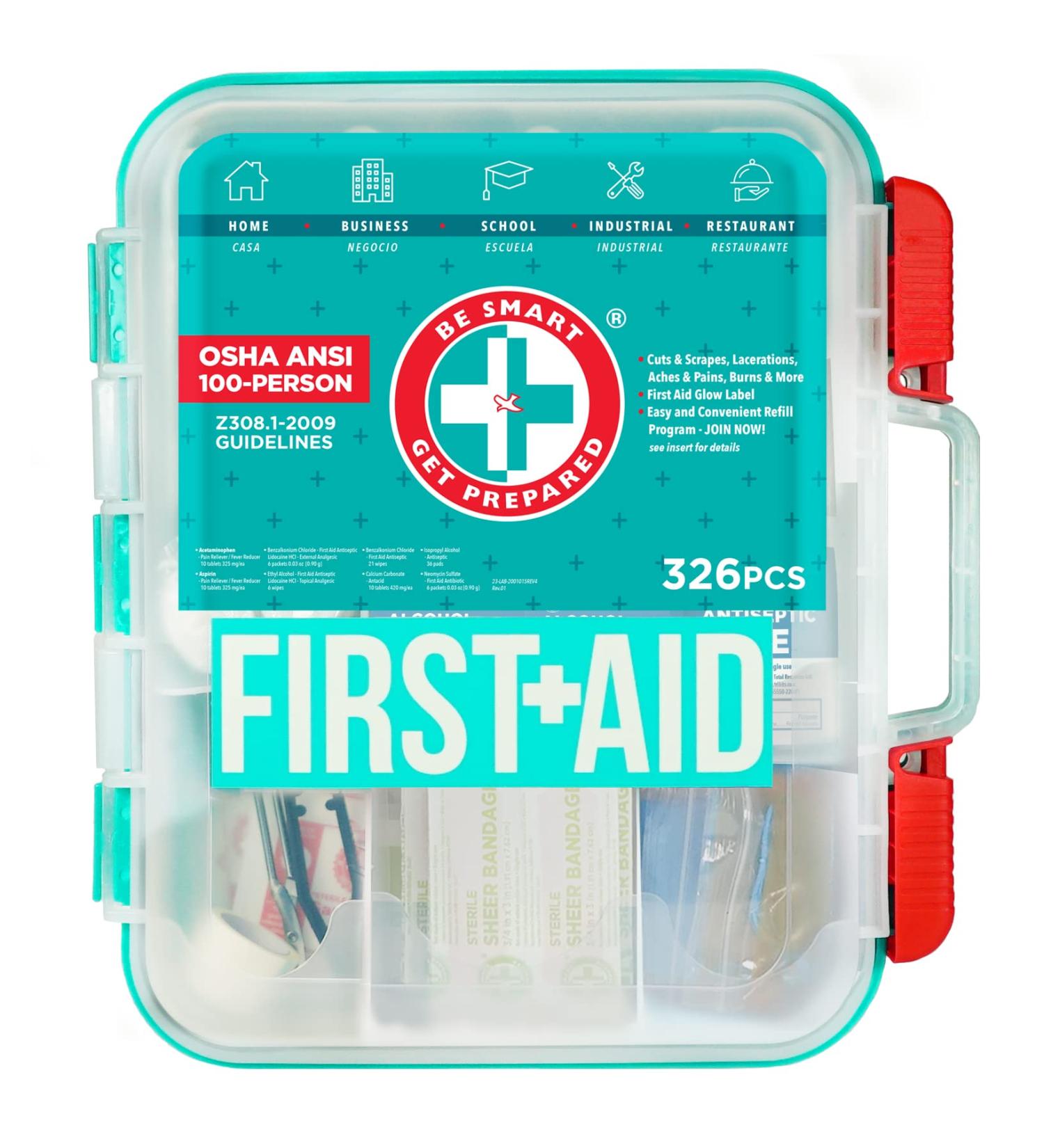 326-Piece Teal First Aid Kit - Exceeds OSHA & ANSI for 100 People - Home, Office, Car, School, Emergency, Survival, Camping - Buy Online on GoSupps.com