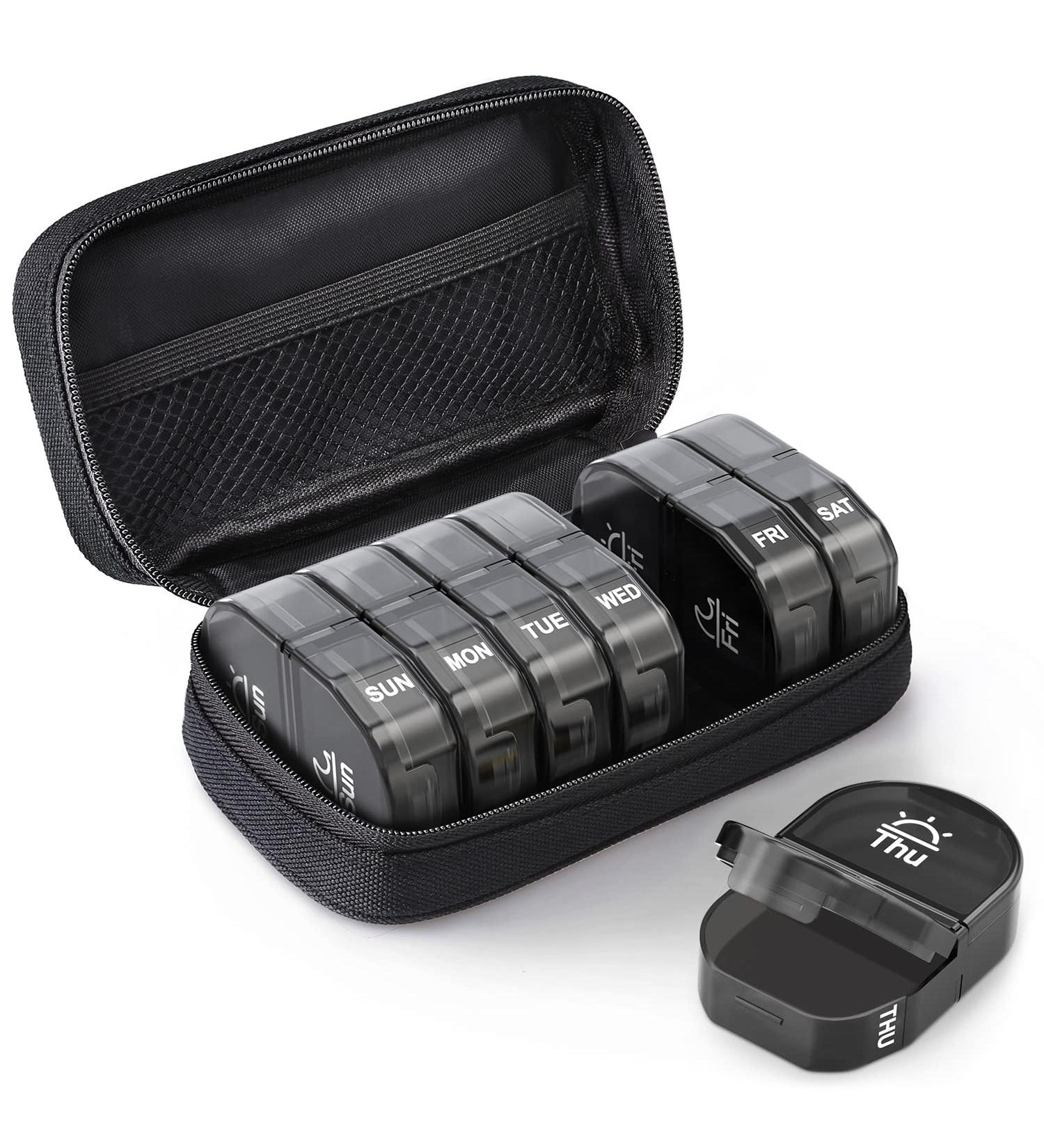 AUVON Canvas Weekly Pill Organizer for Vitamins & Supplements - Large AM/PM Pill Box with Portable Zipper Cloth Bag - 7 Day Pill Case in Black - Buy Online on GoSupps.com