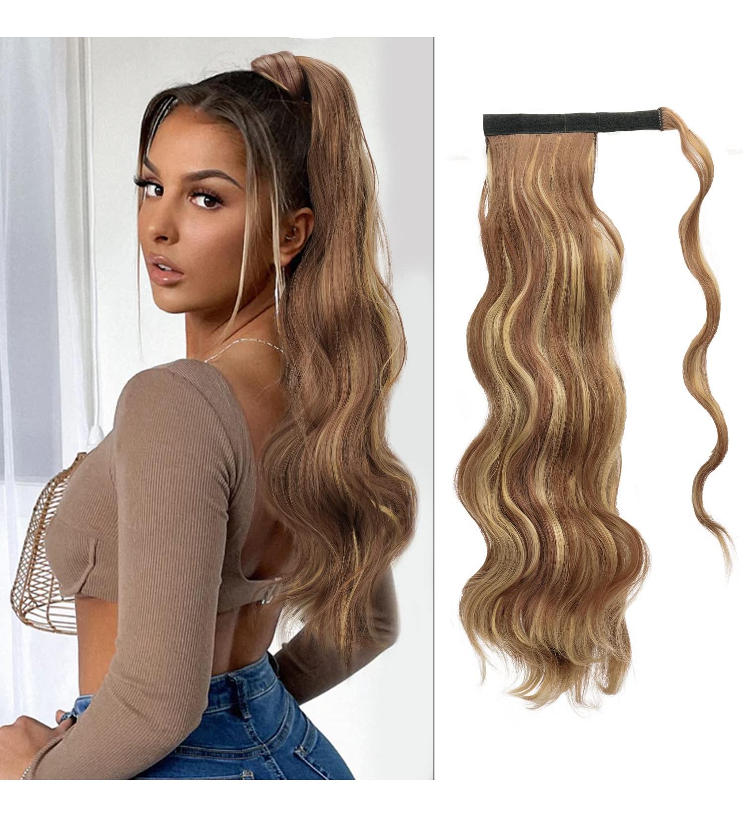 FESHFEN Long Wavy Ponytail Extensions 60cm Body Wavy Wrap Around Hair Brown & Blonde | Curly Clip in Synthetic Hairpiece for Women & Girls - Buy Online on GoSupps.com