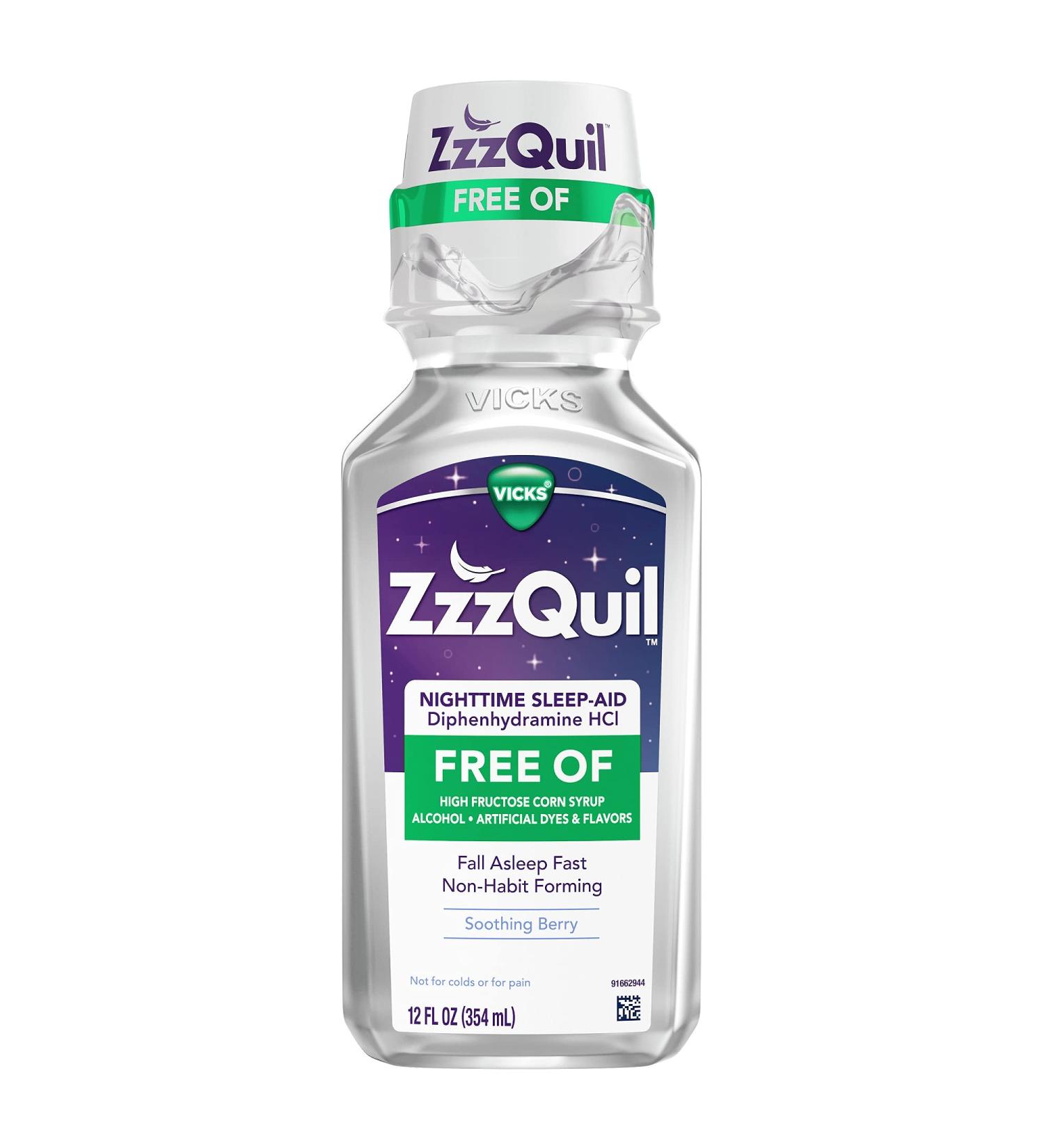 ZzzQuil Nighttime Sleep Aid Liquid - Alcohol & Dye Free - 50mg Diphenhydramine HCl - Non-Habit Forming - Berry Flavor - 12 Fl Oz (Pack of 1) - Buy Online on GoSupps.com