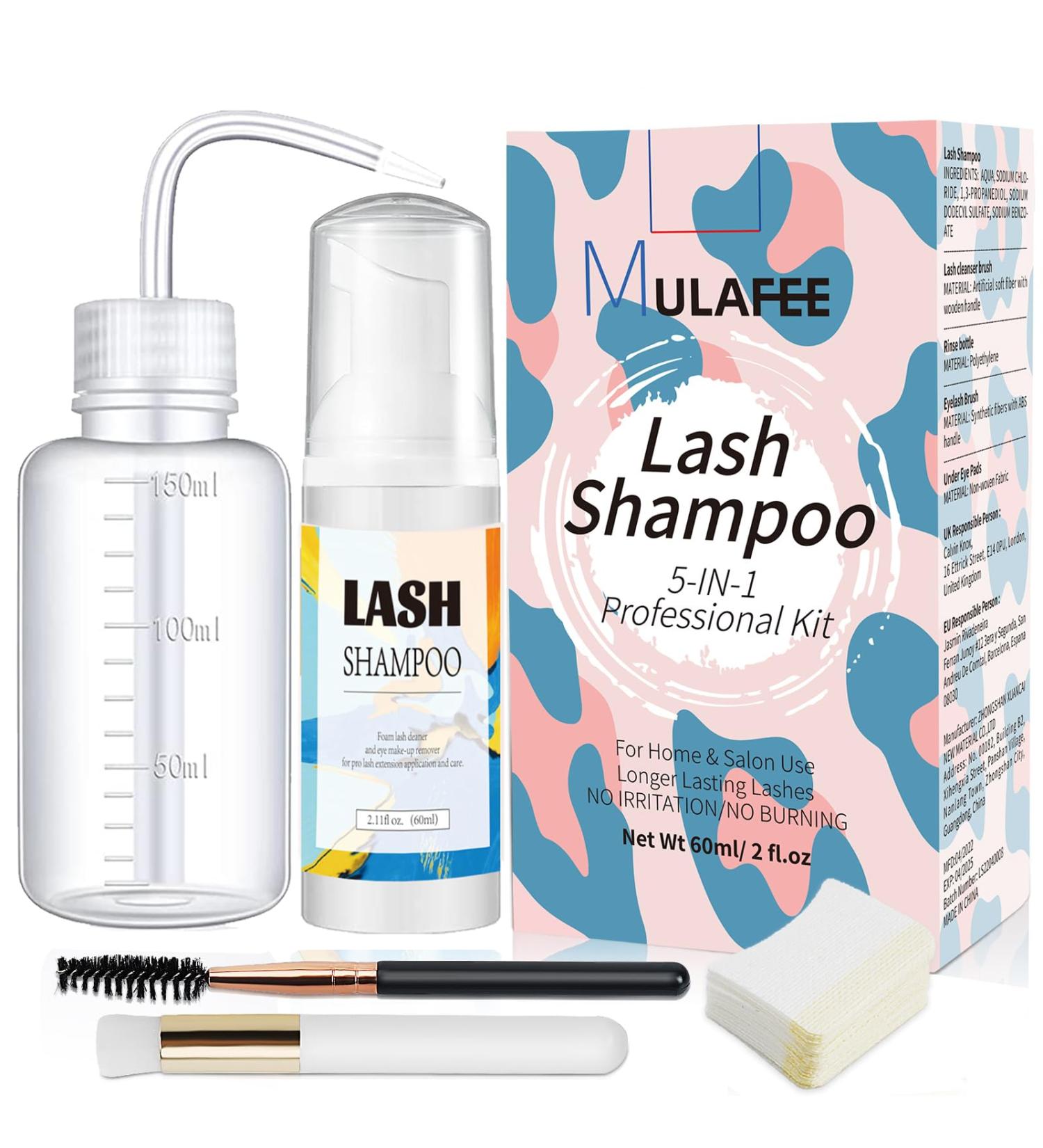 MULAFEE Eyelash Extension Cleanser Kit - Paraben & Sulfate Free Foaming Shampoo for Salon & Home Care with Rinse Bottle and Soft Brush - 60 ML - Buy Online on GoSupps.com