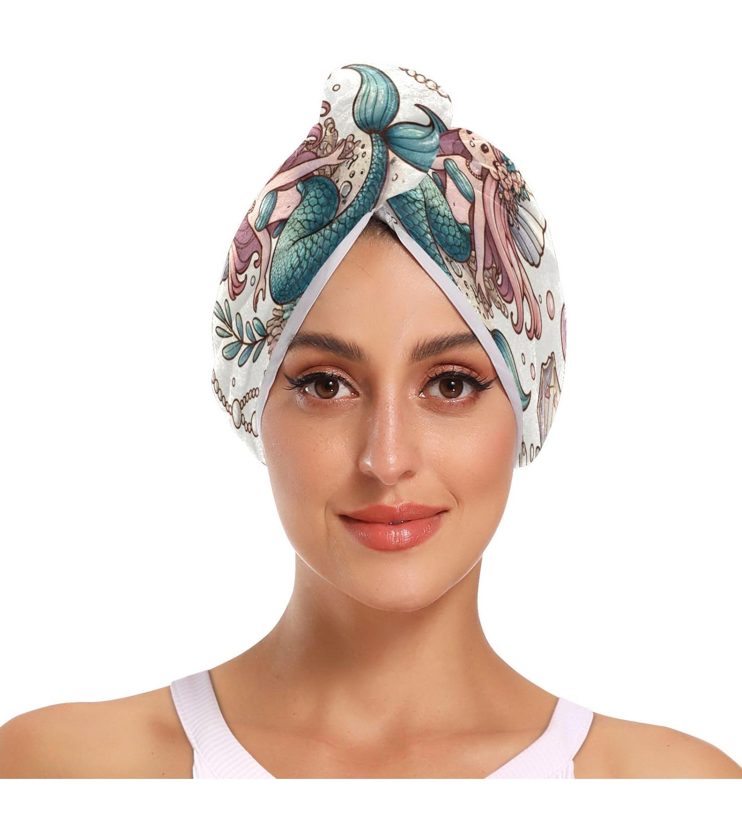 Buy Beautiful Mermaid Pearl Shell Hair Towels 2 Pack Super Absorbent Quick Dry Hair Turbans with Button Twisty Wrap for Women & Girls | International Shipping Available - Buy Online on GoSupps.com