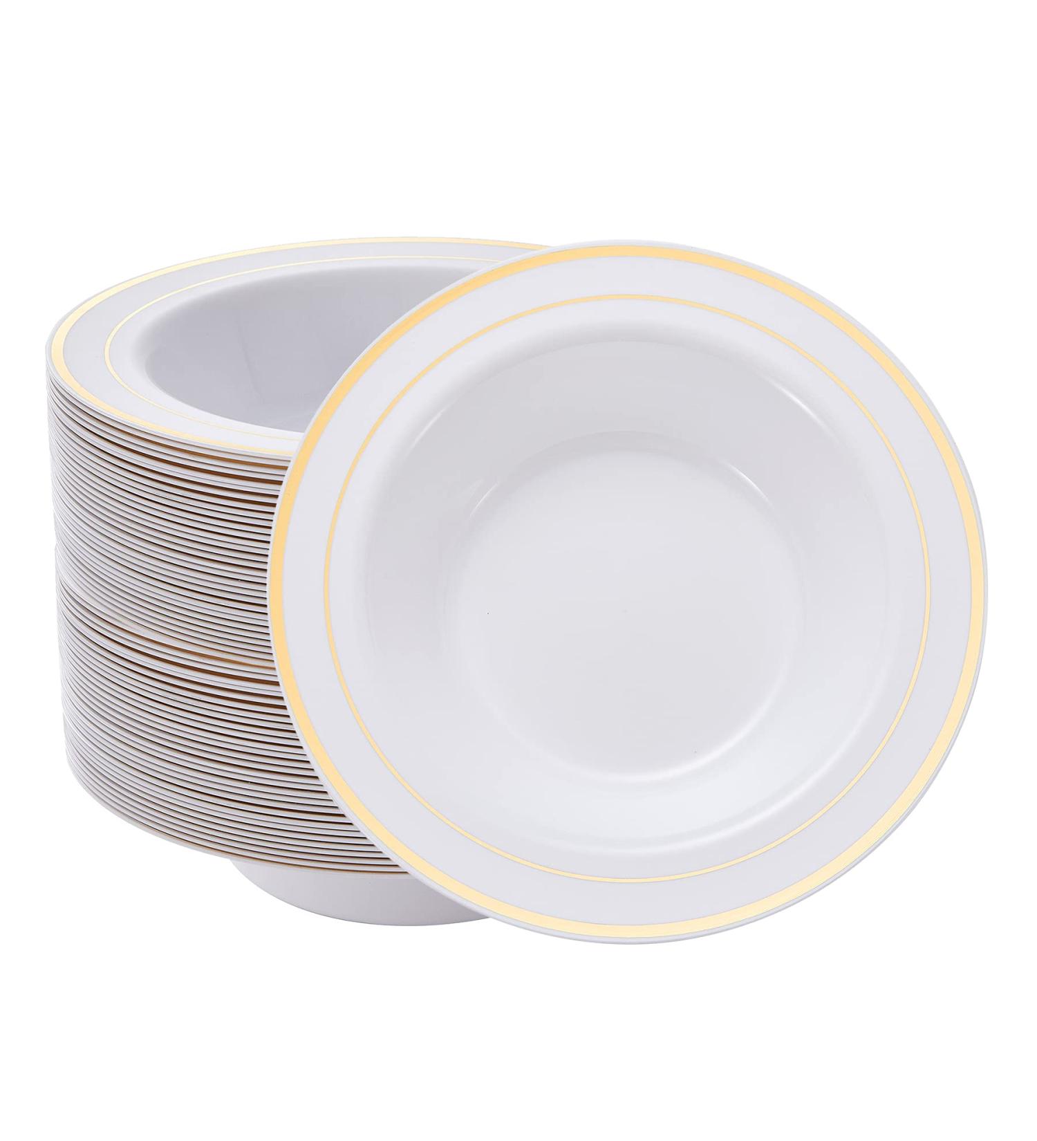 N9R 30 Pack Disposable Soup Bowls with Gold Rim - 12 Oz Fancy Plastic Soup Bowls for Holidays, Parties, Weddings, Catering - Buy Online on GoSupps.com