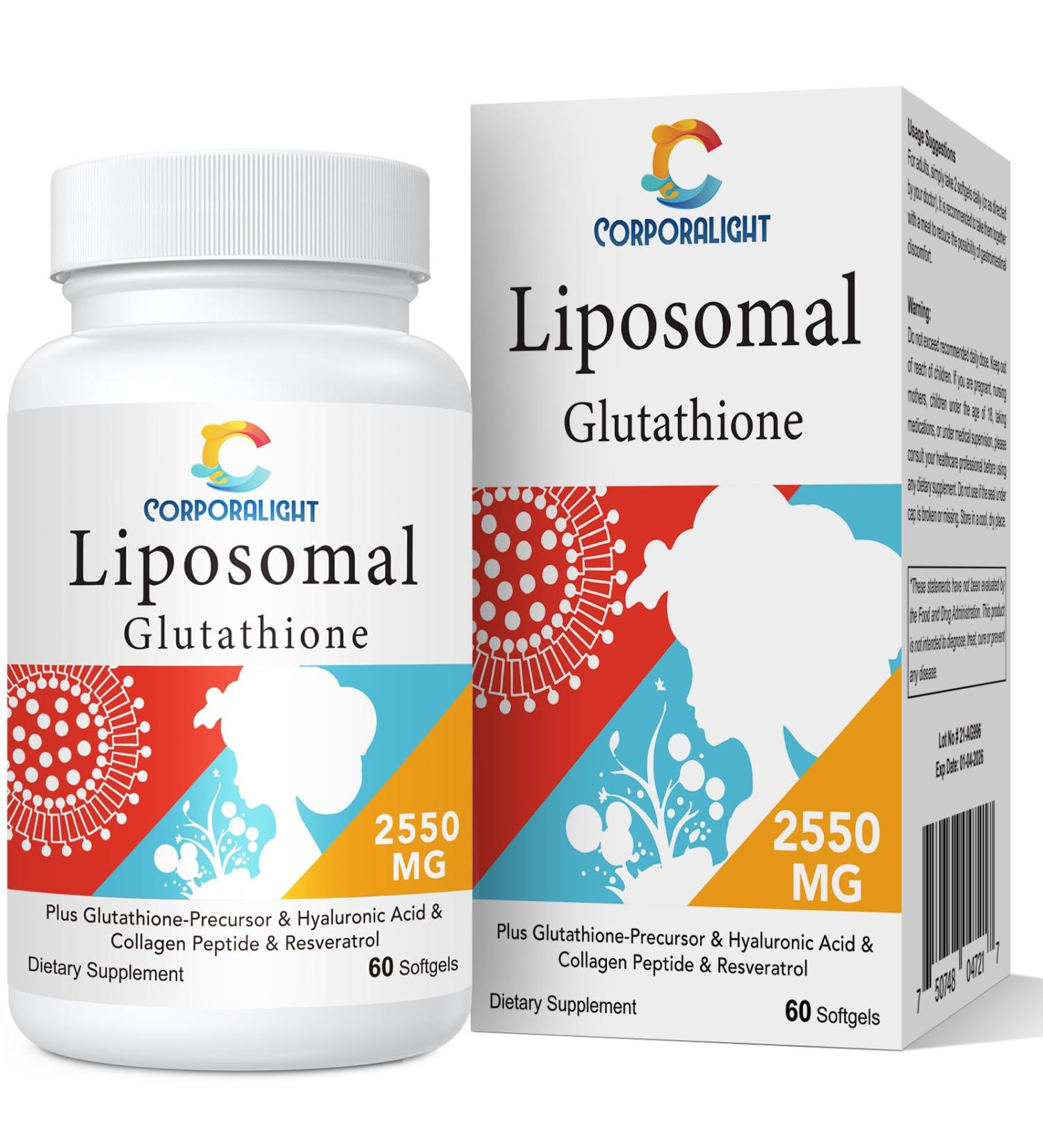 Buy Liposomal Glutathione 2550 MG Supplement - Antioxidant for Aging Immune Support & Energy - Hyaluronic Acid & Collagen Peptide - Non-GMO - 60 Softgels - Buy Online on GoSupps.com