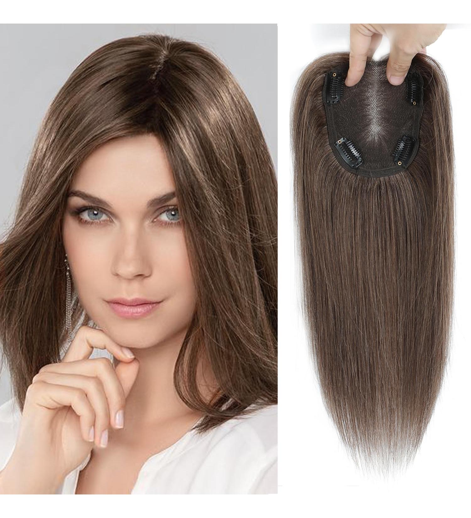 Silk Base Real Human Hair Topper for Thinning Hair Women - Medium Auburn Brown (6#) 12inch - Buy Online on GoSupps.com