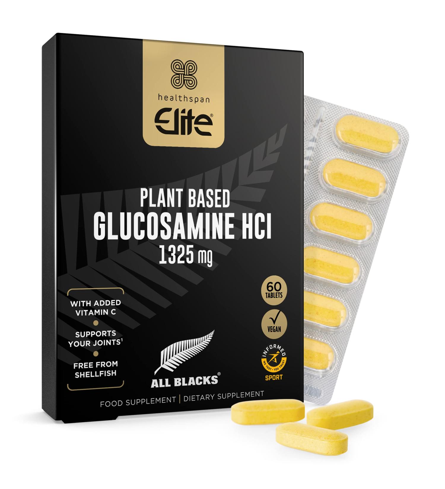 Healthspan Elite All Blacks Vegan Glucosamine HCI 1325mg (2 Months Supply) | Joint Support with Vitamin C | High Potency Vegan Alternative | Shellfish-Free - Buy Online on GoSupps.com