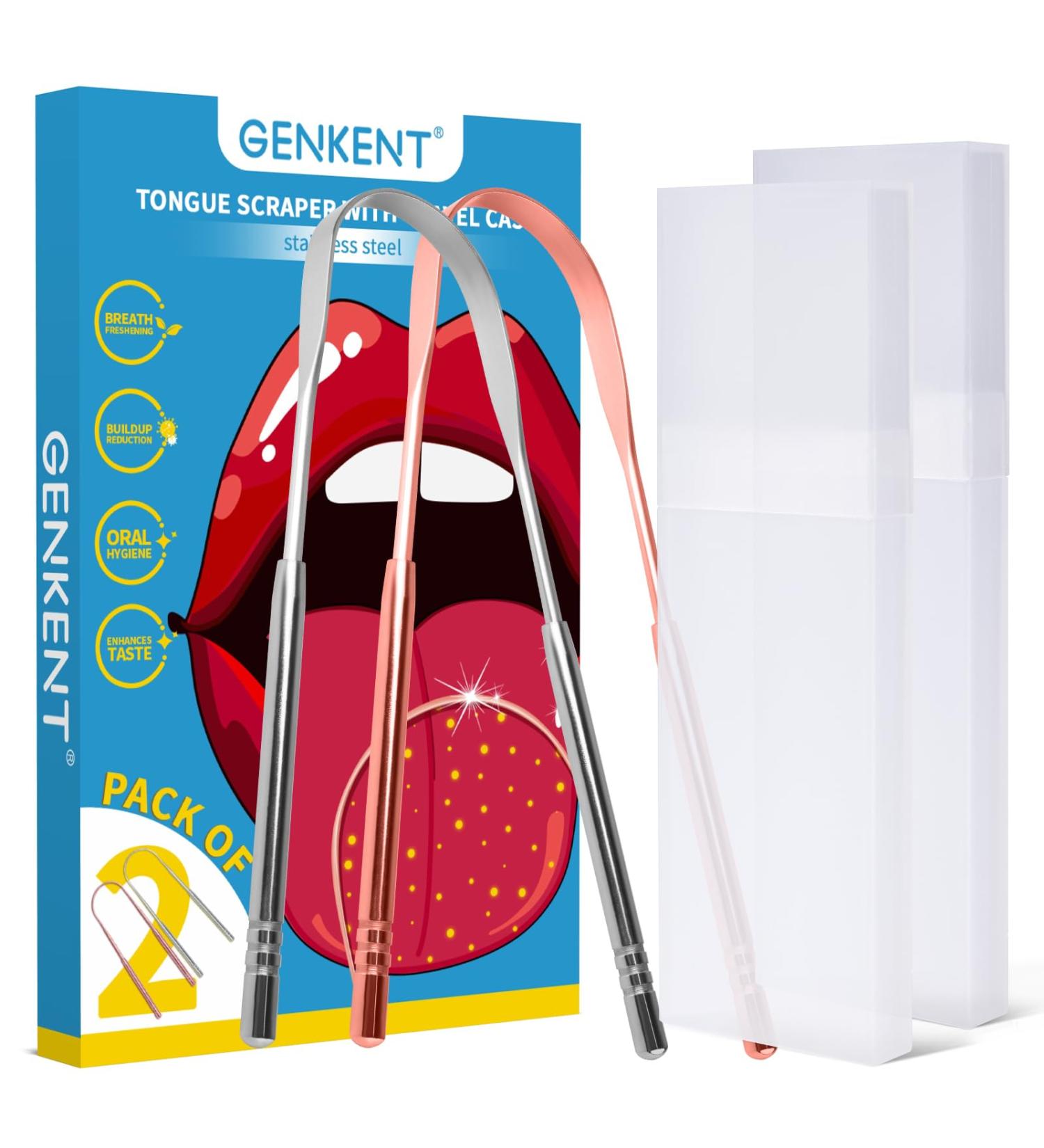 GENEKNT 2 Pack Tongue Scraper | Surgical Stainless Steel Tongue Cleaner for Adults & Kids | Metal Tongue Scraper with Travel Cases - Shop Now! - Buy Online on GoSupps.com