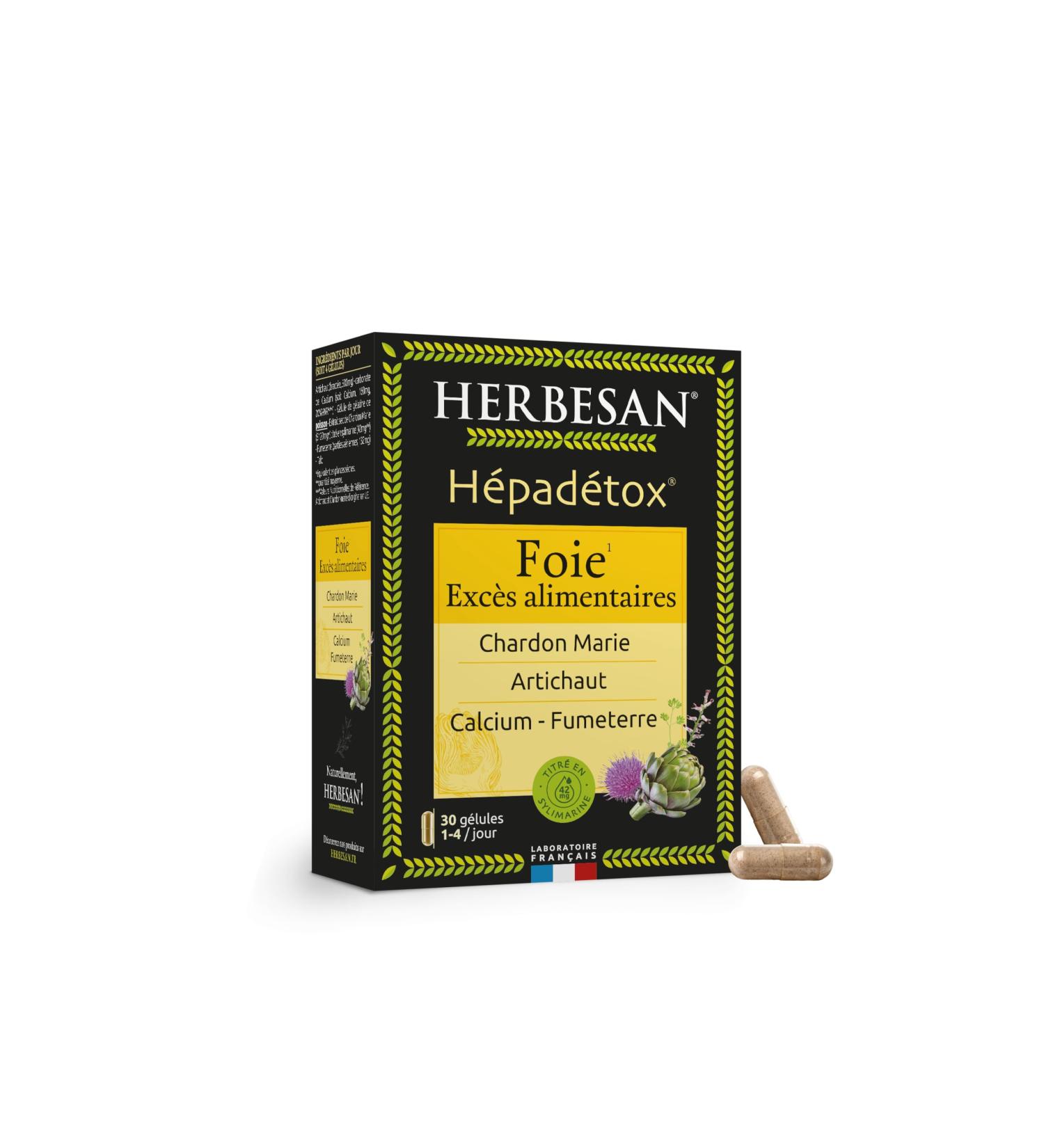 HERBESAN - HEPADETOX - Liver well-being Excess food - Sylimarin titles: 42 mg - Complex of 3 plants Calcium and Choline Chloride - 30 capsules - Buy Online on GoSupps.com
