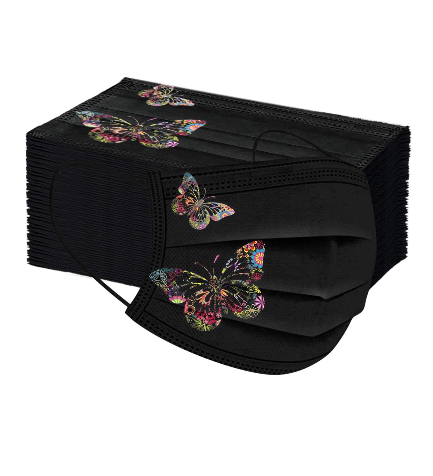 50Pcs Butterfly Printed Black Disposable Face Masks for Adults | 3-Ply Protection with Elastic Earloop and Nose Clip | Comfortable, High Filtration & Ventilation - Buy Online on GoSupps.com