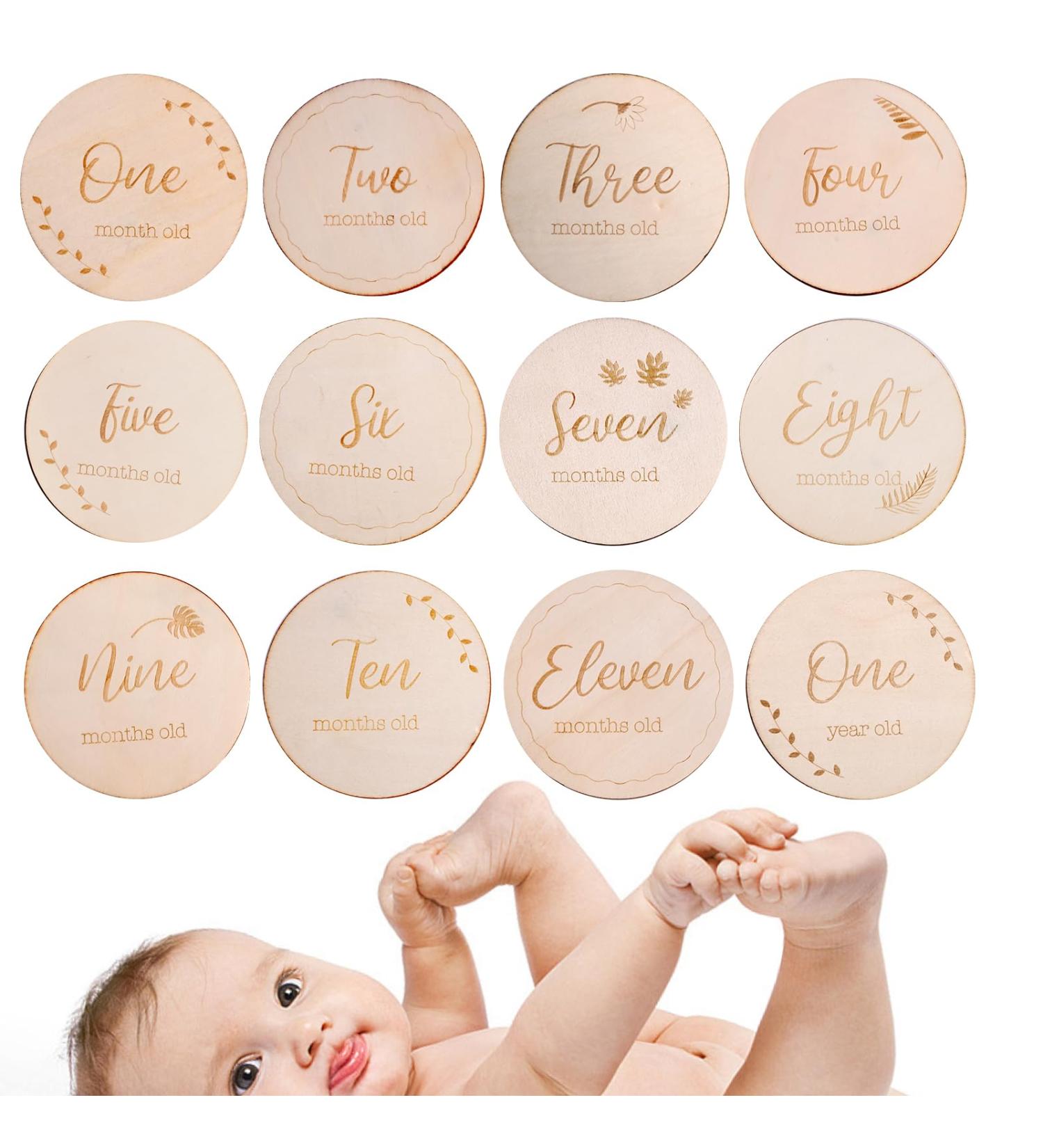 Abnaok Baby Monthly Milestone Cards 12 Pieces - Wooden Double-Sided Milestone Discs for Newborn Infants 0-12 Months - Baby Shower Gift Set for Growth Recording - Buy Online on GoSupps.com