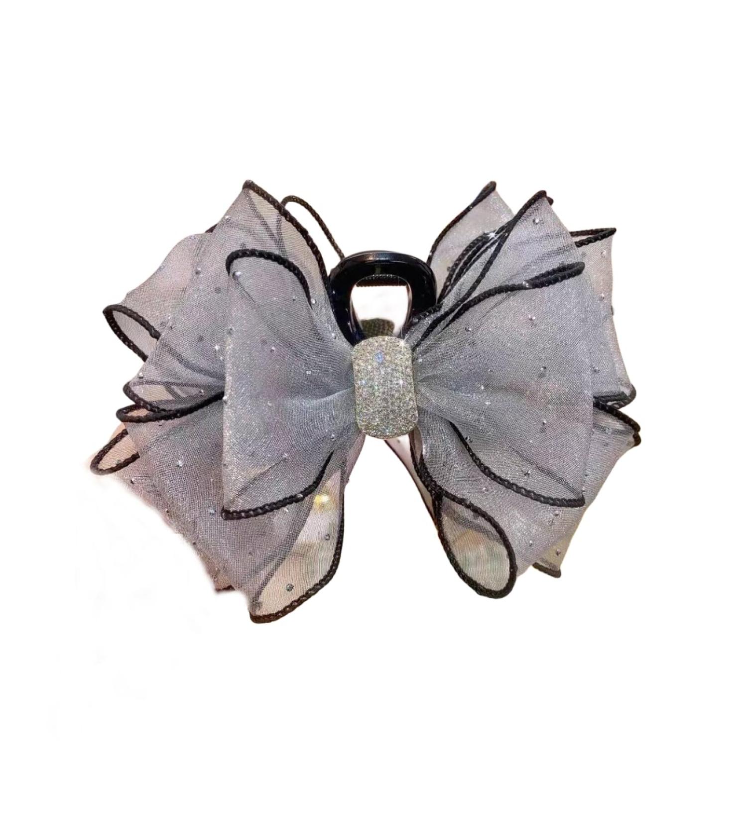 Velvet Bow Tie Hair Claw Clips Powerful Hair Clasping with Shark Clips Extra Large Hair Accessories Curly Hair Products Butterfly Gifts for Women and Girls (Grey)