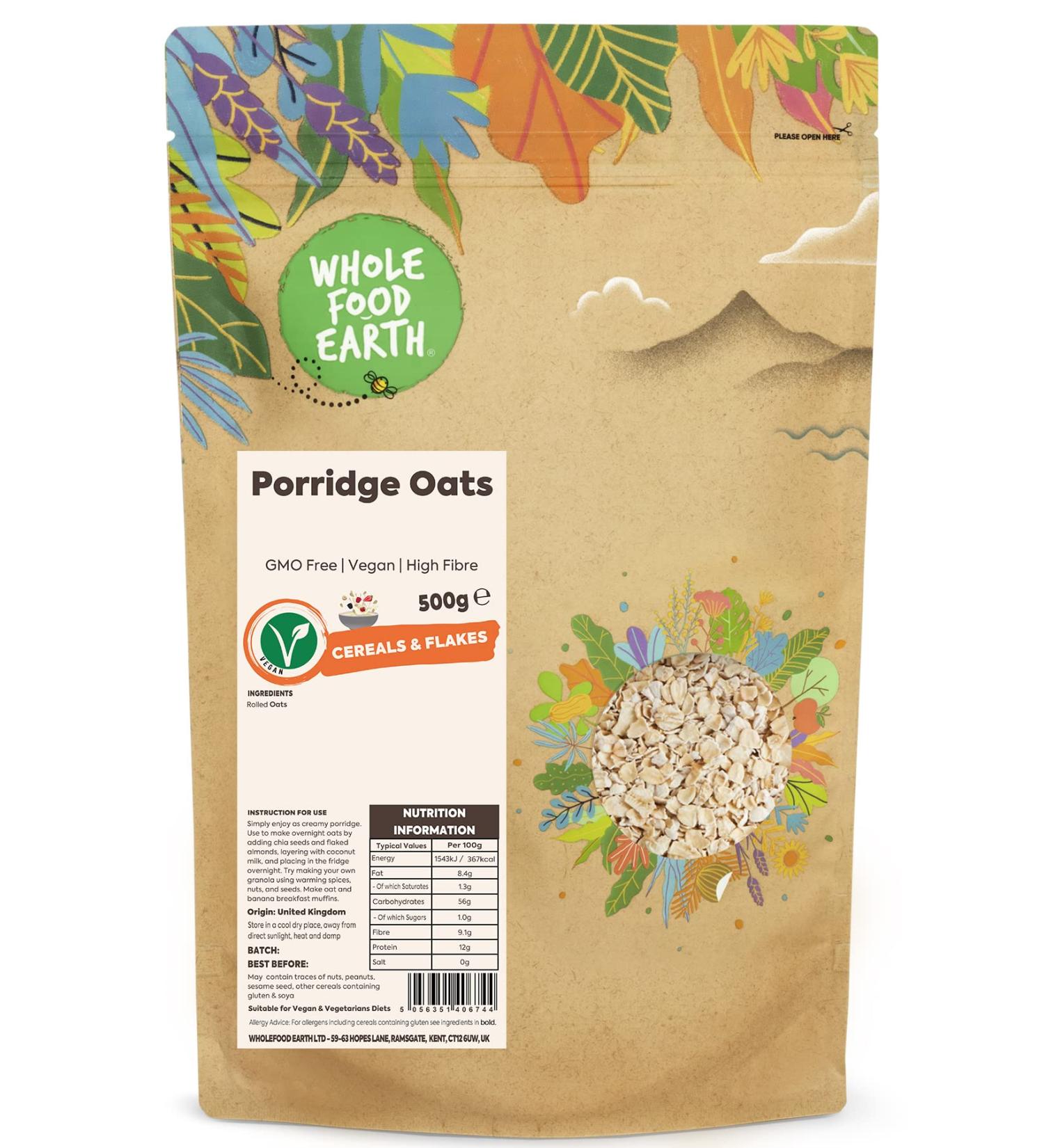 Whole Food Earth Porridge Oats 500g - GMO Free, High Fibre | 100% Natural Breakfast Option - Buy Online on GoSupps.com