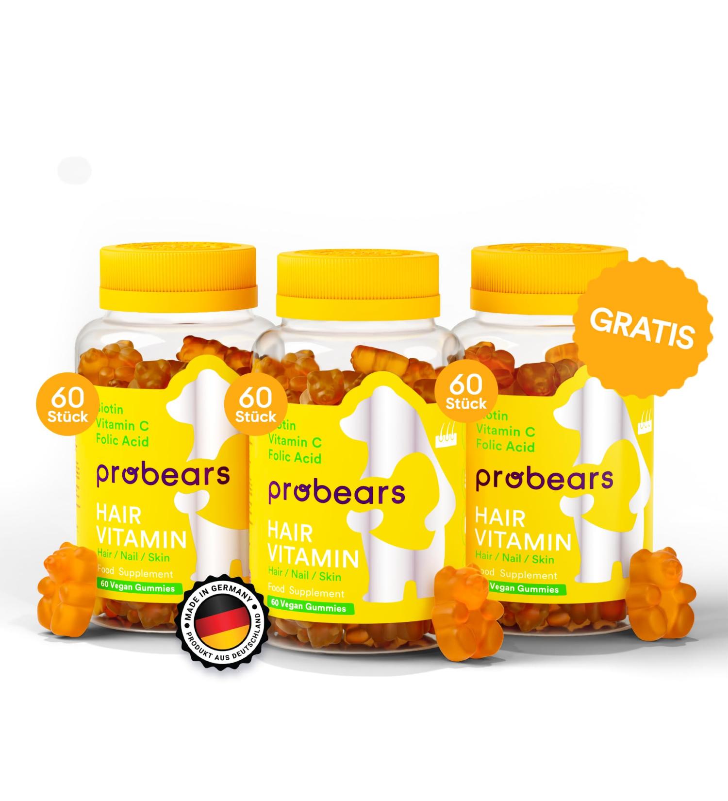 Probars Biotin (B7) Vegan Hair Vitamins - 10 000 mcg Gummy Bears for Hair Loss | Gelatin-Free Halal Multivitamin A B5 B6 B12 C D2 E - 60 Counts - Buy Online on GoSupps.com