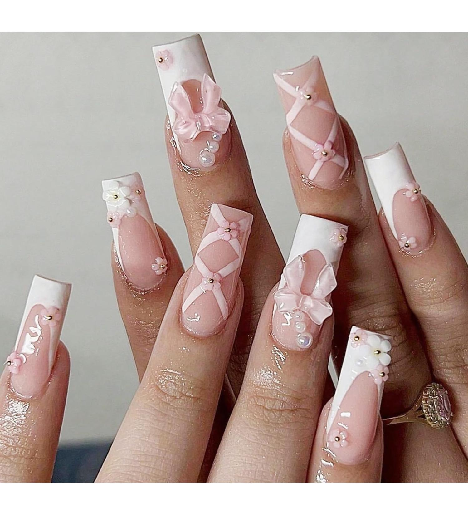 24pcs Bow Premium Coffin Fake Nail Pink 3D Press on Nails Summer Floral Nails Luxurious Nails Acrylic Nails Fake Nails For Women Girls - Buy Online on GoSupps.com