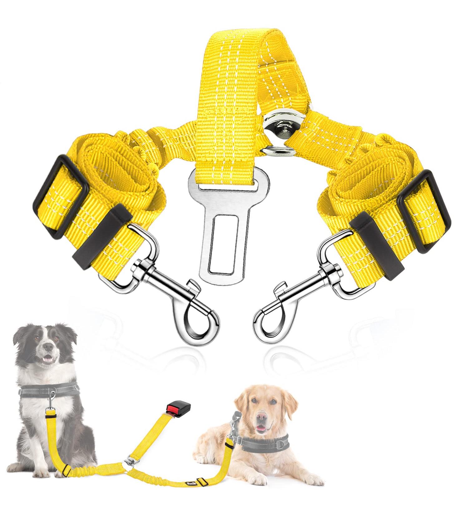 Slowton 2-in-1 Dog Car Seat Belt - Durable Tangle-Free Adjustable & Reflective for Medium Dogs - Yellow - Buy Online on GoSupps.com