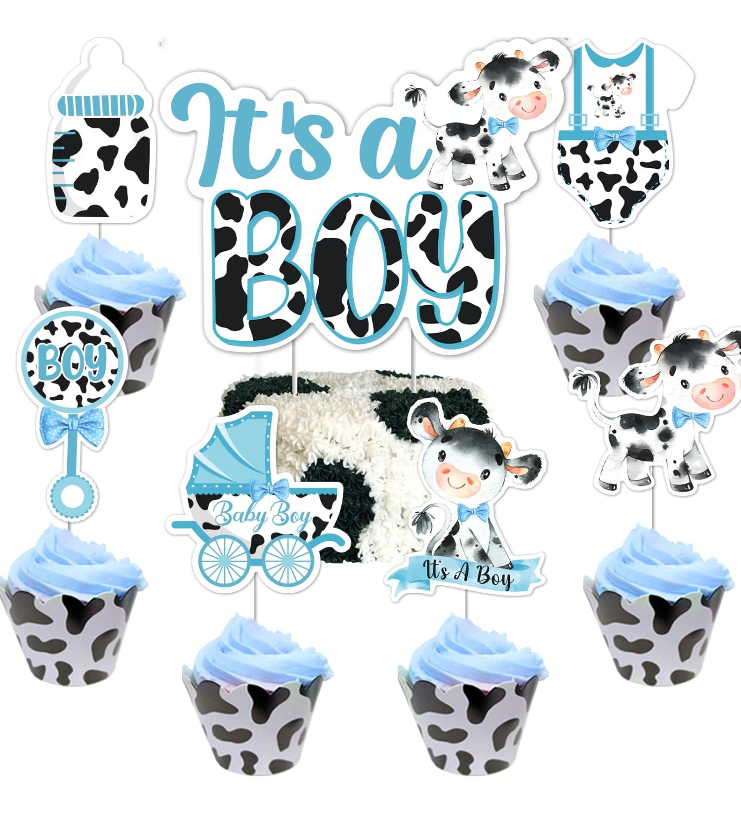 Cow Baby Shower Decorations for Boy - 25pcs Holy Cow Its a Boy Cake Topper and Cupcake Toppers Blue Cow Print Baby Shower Cake Decorations for Farm Animal Barnyard Baby Shower Party Supplies - Buy Online on GoSupps.com