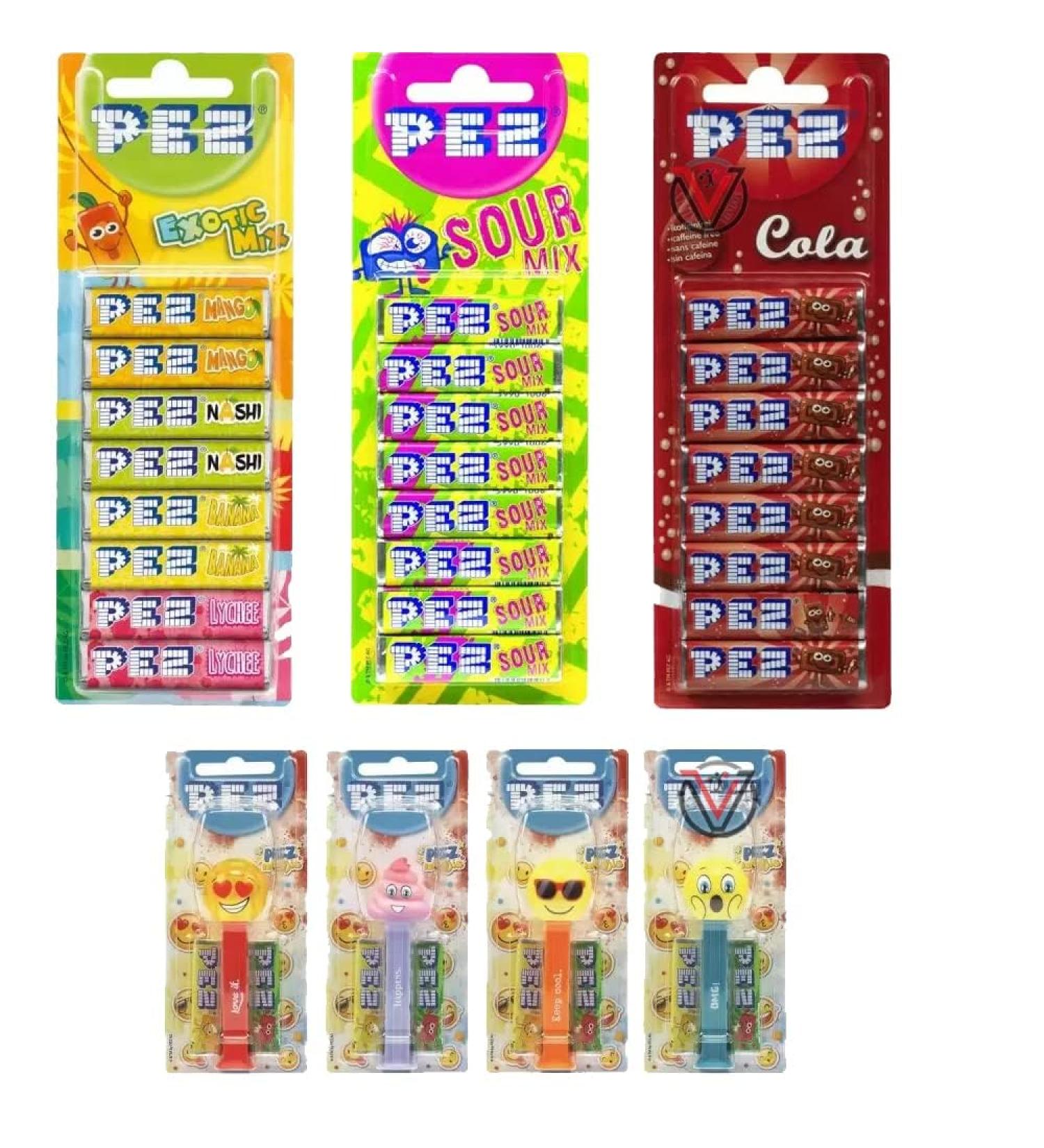 Pez Exotic Sour & Cola Mix Refills 8 Pack 68g - 03 Mixed Flavours with 01 Random Fun Pezmoji dispenser 17g