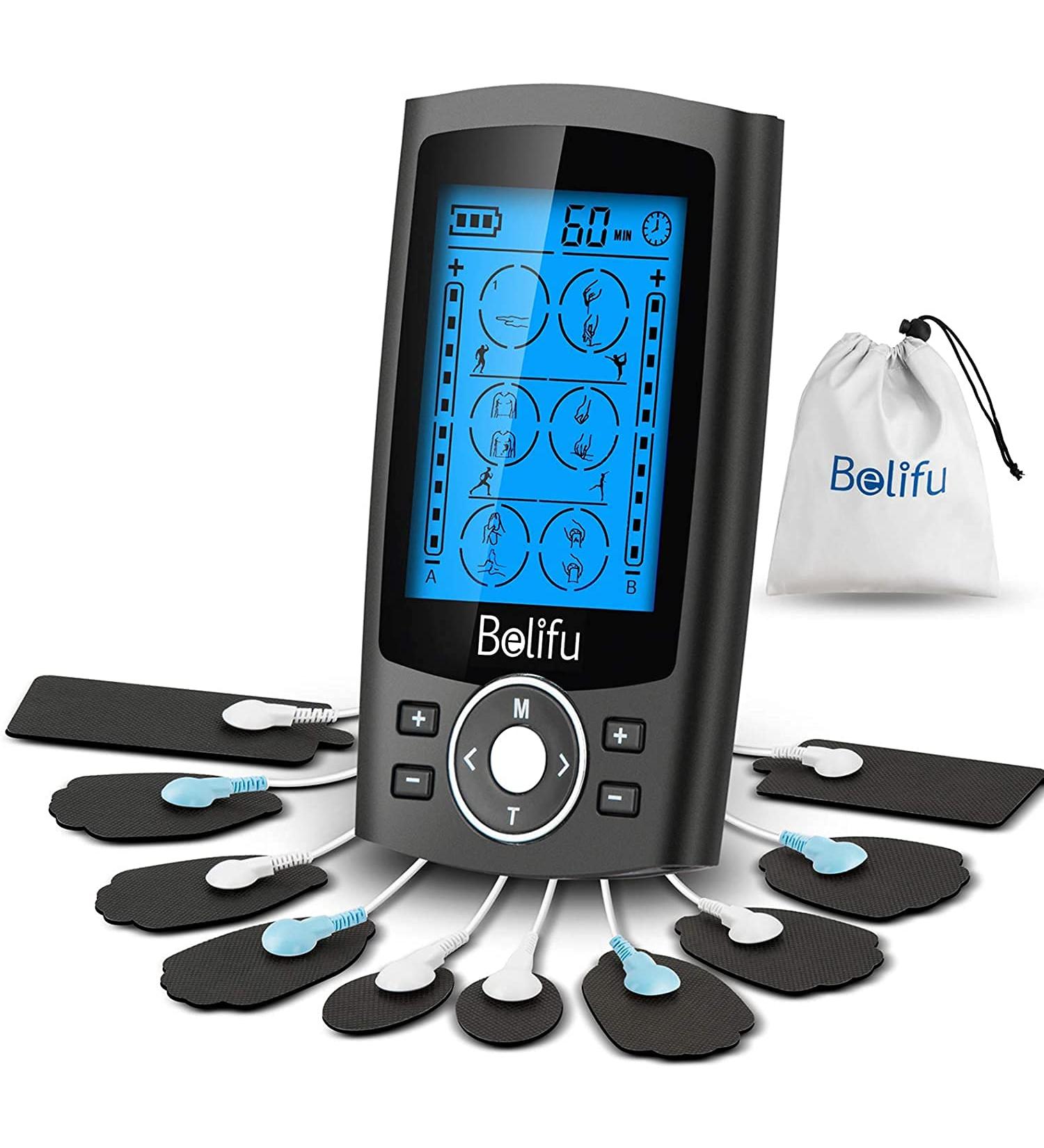 Belifu TENS EMS Unit Muscle Stimulator | 24 Modes Pain Relief Therapy | Electronic Pulse Massager with 10 Pads | Fastening Cable Ties & Storage Bag - Buy Online on GoSupps.com