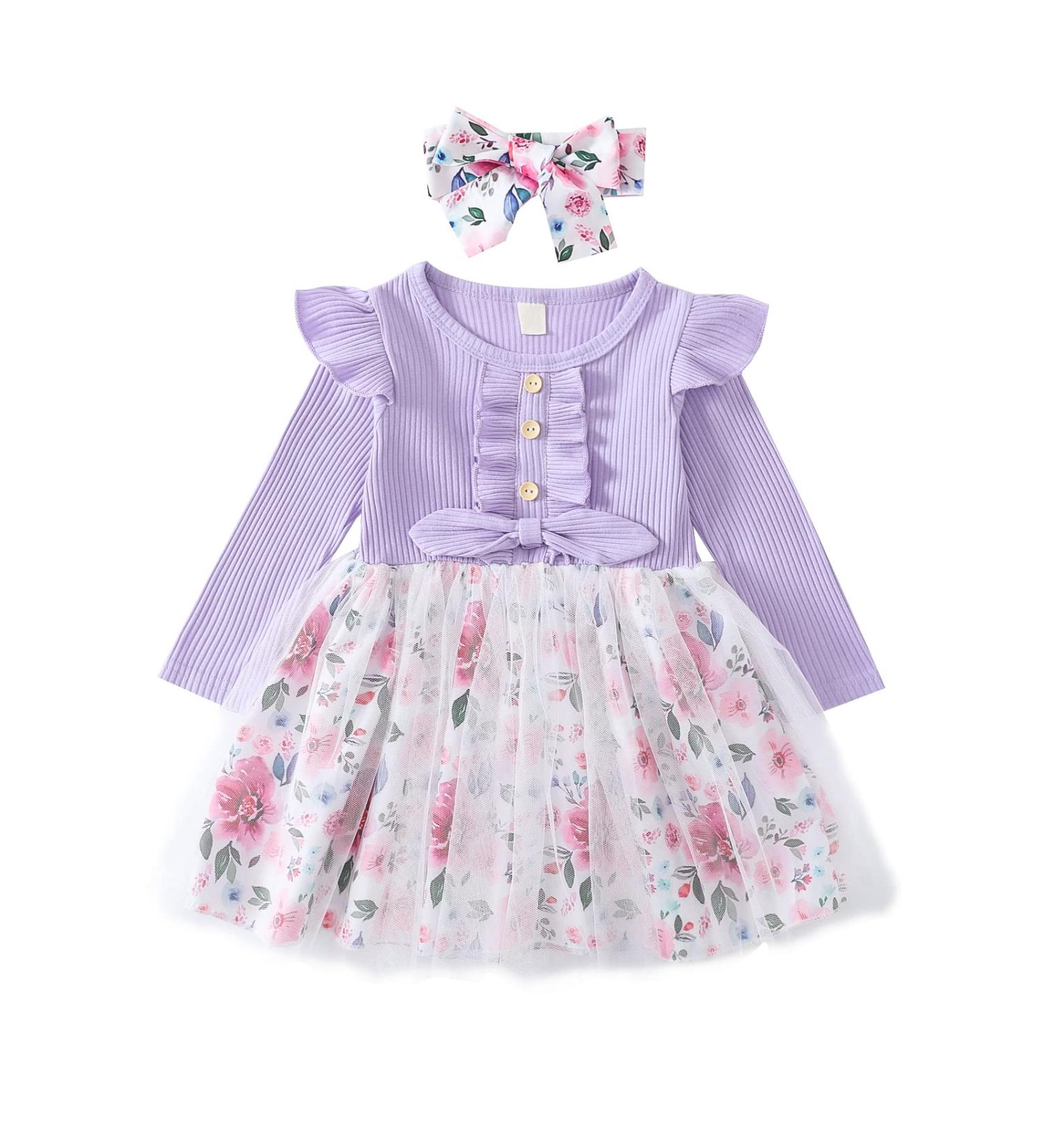 Haokaini Toddler Baby Girls Floral Ruffle Sleeve Dress Set | Princess Tutu Skirt Fall Outfit 12-18 Months - Purple - Buy Online on GoSupps.com