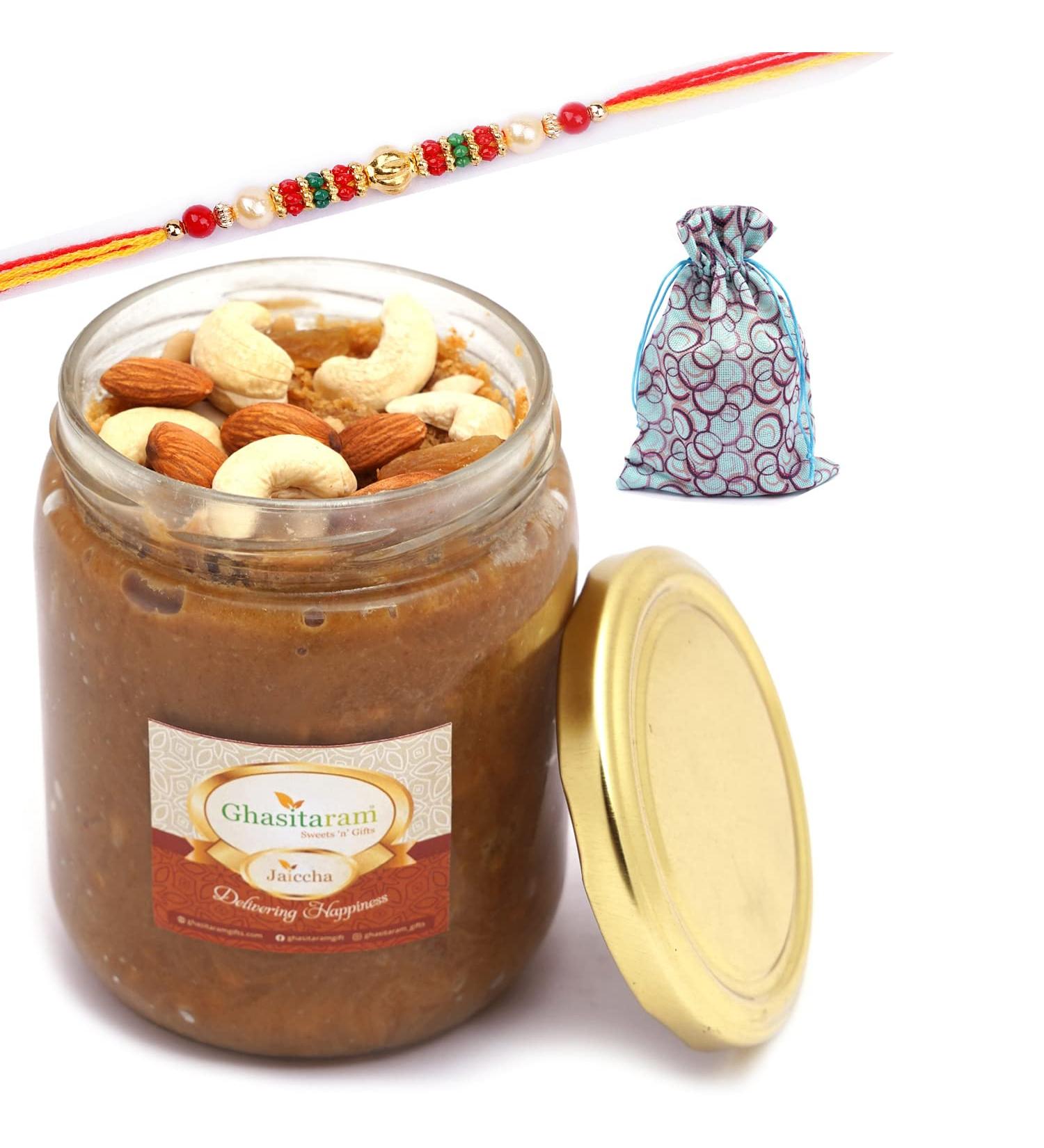 Ghasitaram Gifts Rakhi Gifts for Brothers Dryfruit Halwa in Potli with Pearl Beads Rakhi Dryfruit Halwa in Potli with Rakhi - Buy Online on GoSupps.com